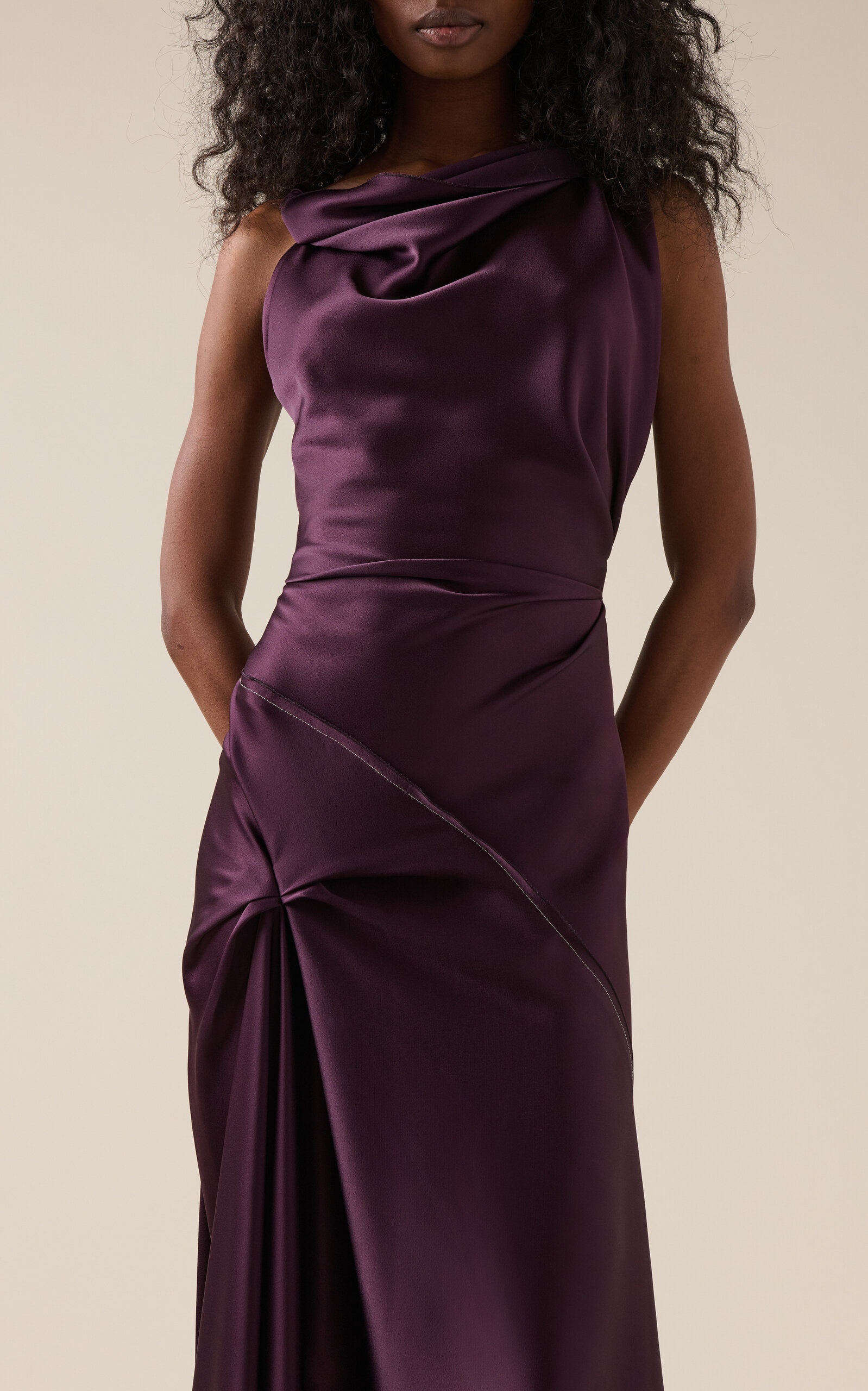 Asymmetric Draped Satin Midi Dress berry - 4