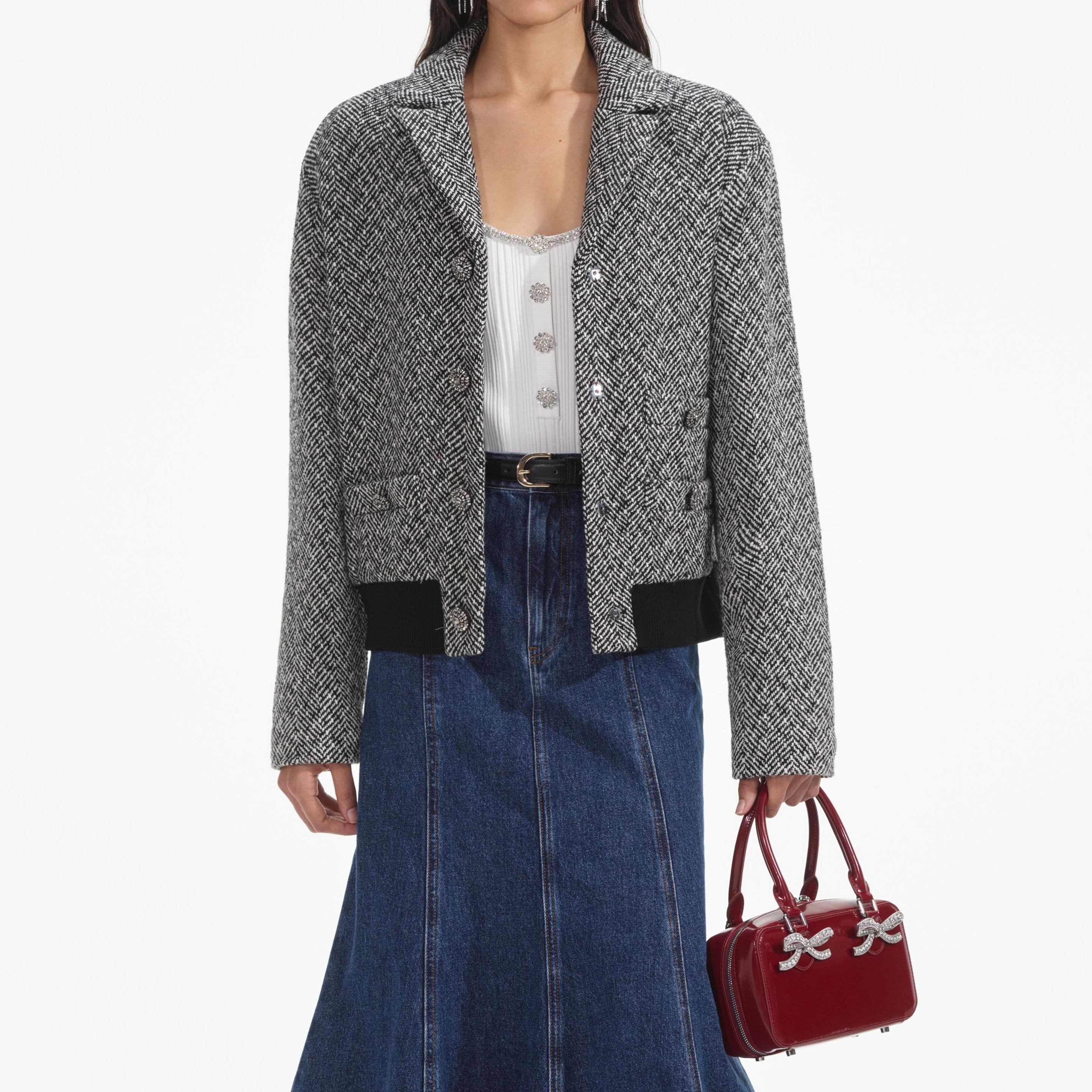 Black Herringbone Bomber Jacket - 4