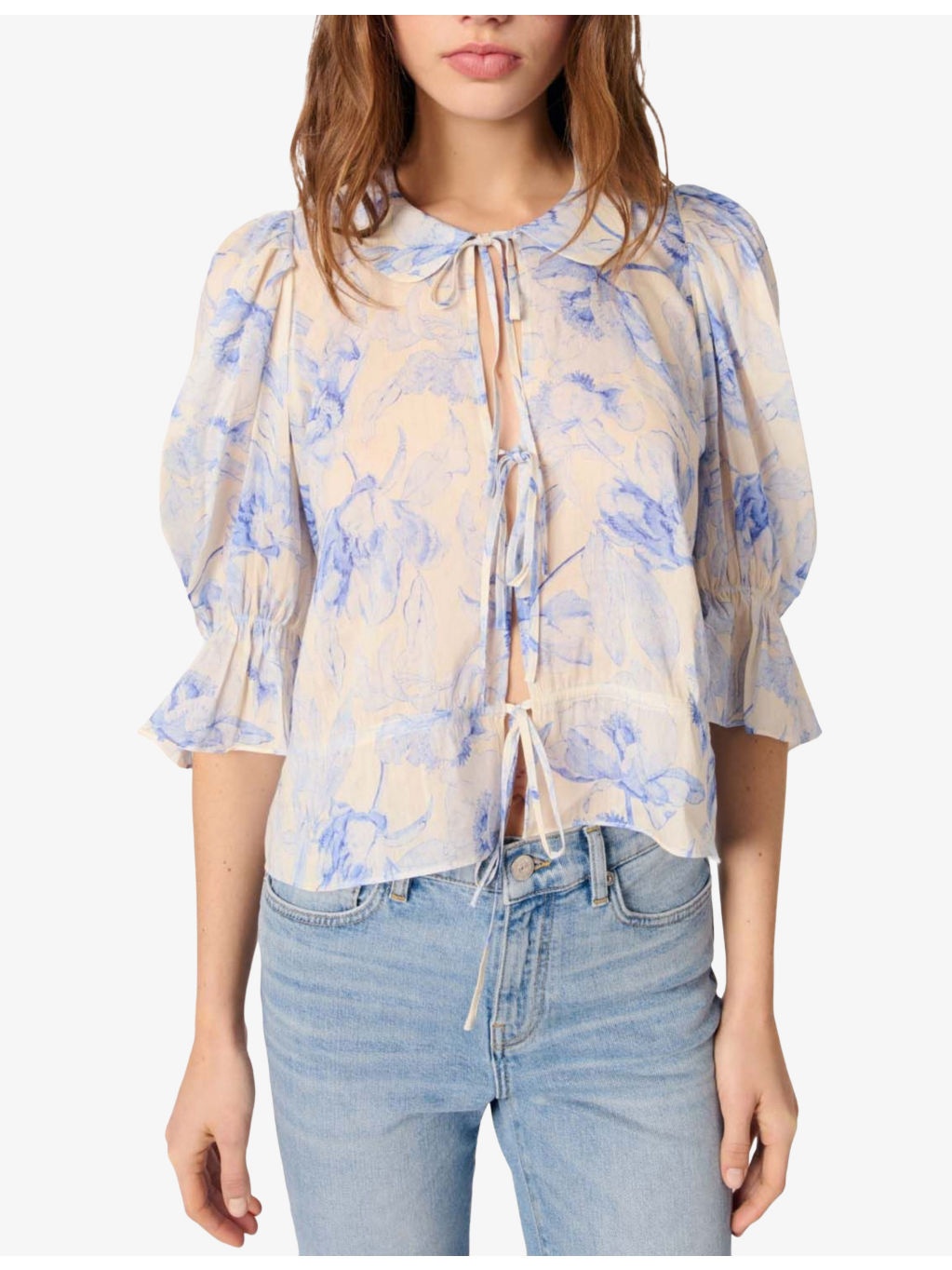 Floral-Print Tie-Up Linen-Blend Blouse - 5