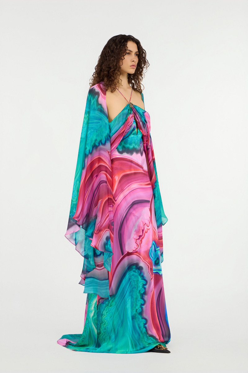 Long silk dress with cut-out and multicolor marble print 3