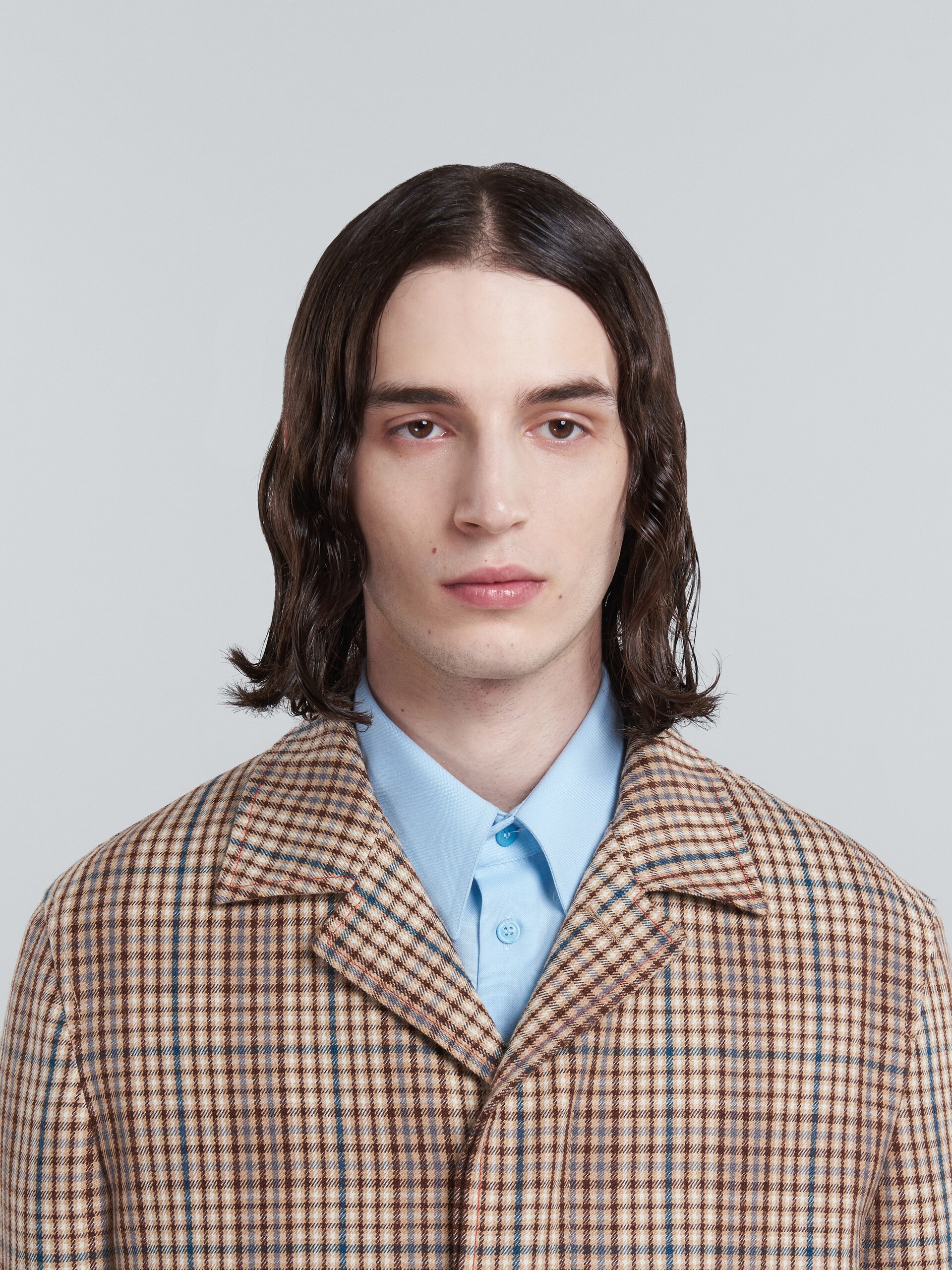 LONG COAT IN BEIGE CHEQUERED WOOL - 4