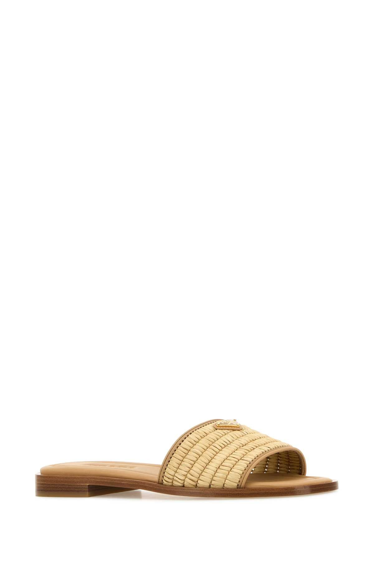 Prada Women Beige Raffia And Leather Slippers - 2