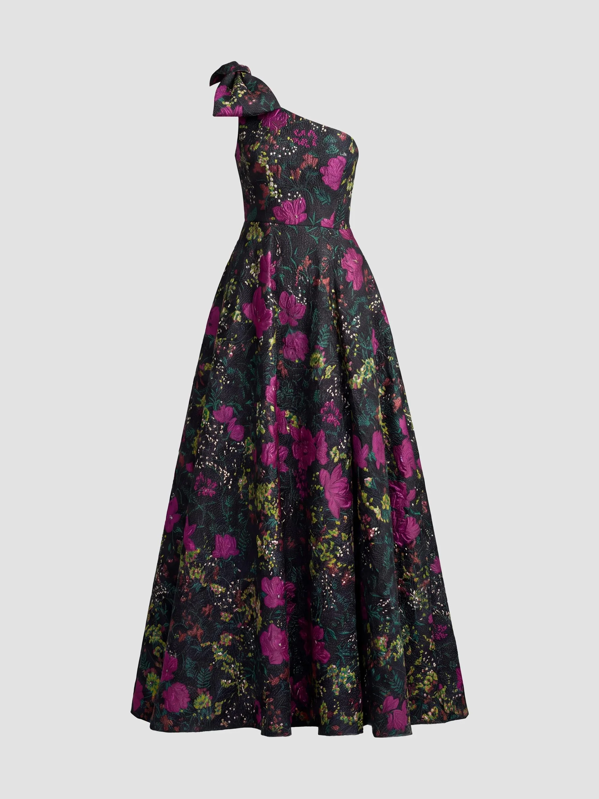 Women's Floral Brocade Bow One-Shoulder Gown - Black Multi - 1
