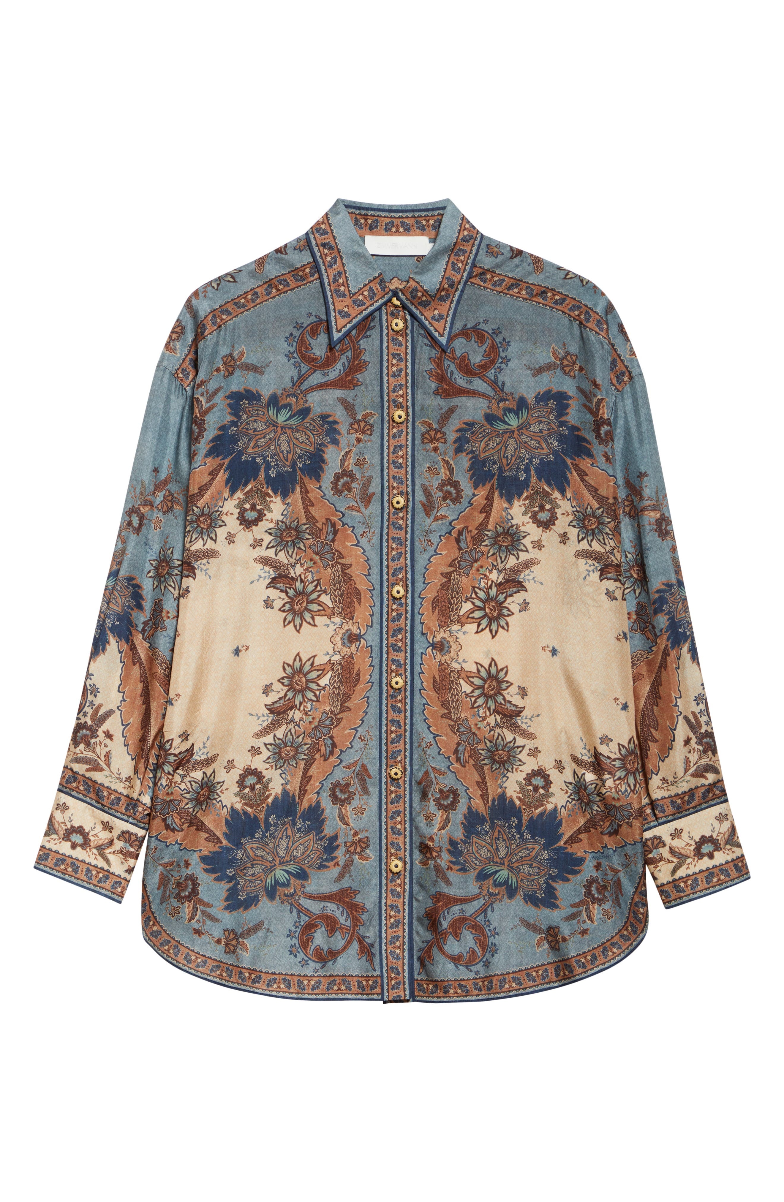 Zimmermann Ascension Silk Habutai Button-Up Shirt in Blue/Cream Indienne Floral at Nordstrom - 6