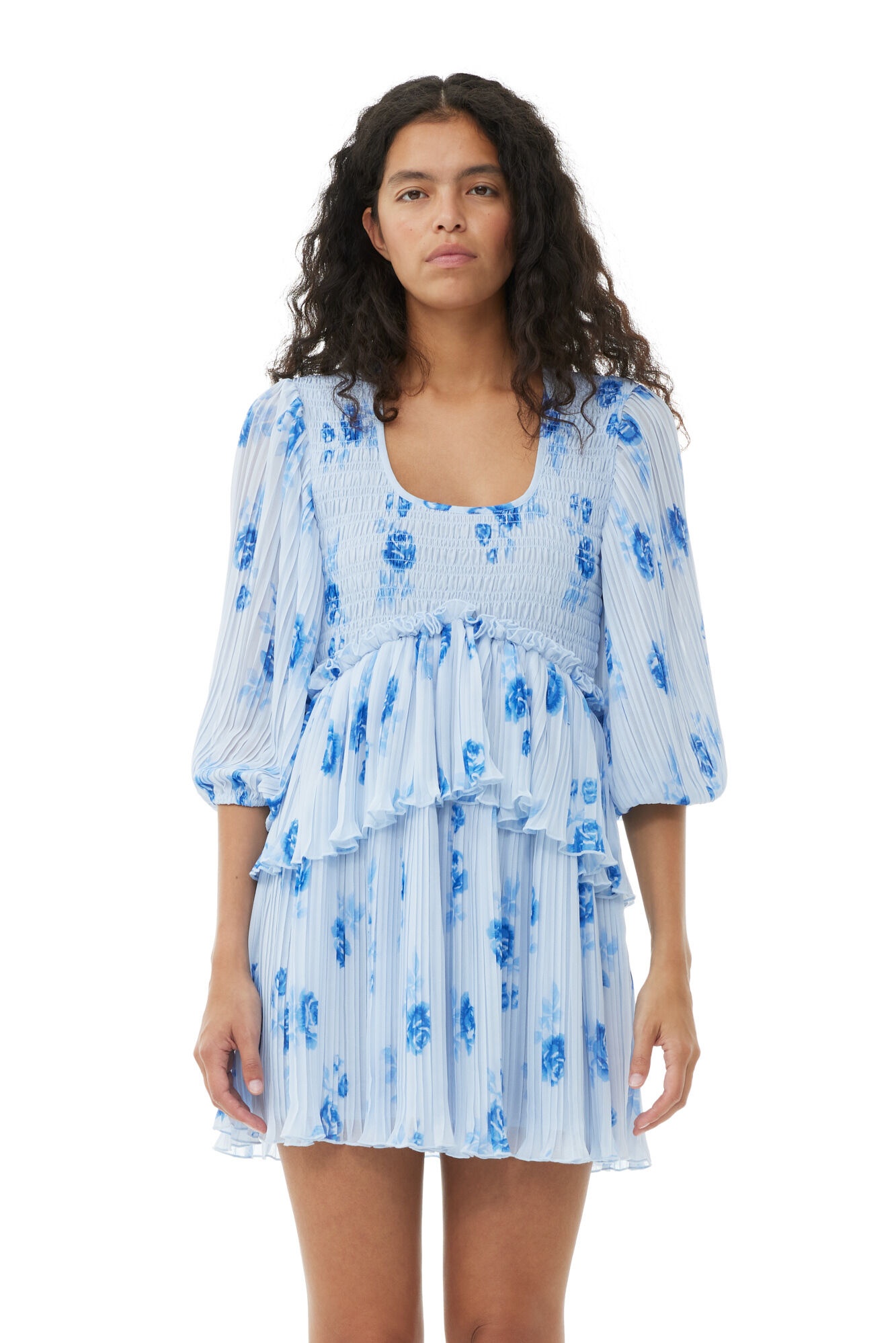 BLUE PLEATED GEORGETTE FLOUNCE SMOCK MINI DRESS - 3