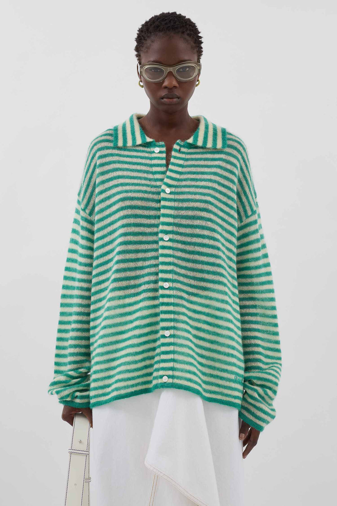 STIPED MOHAIR CARDIGAN / off white & jade green - 2