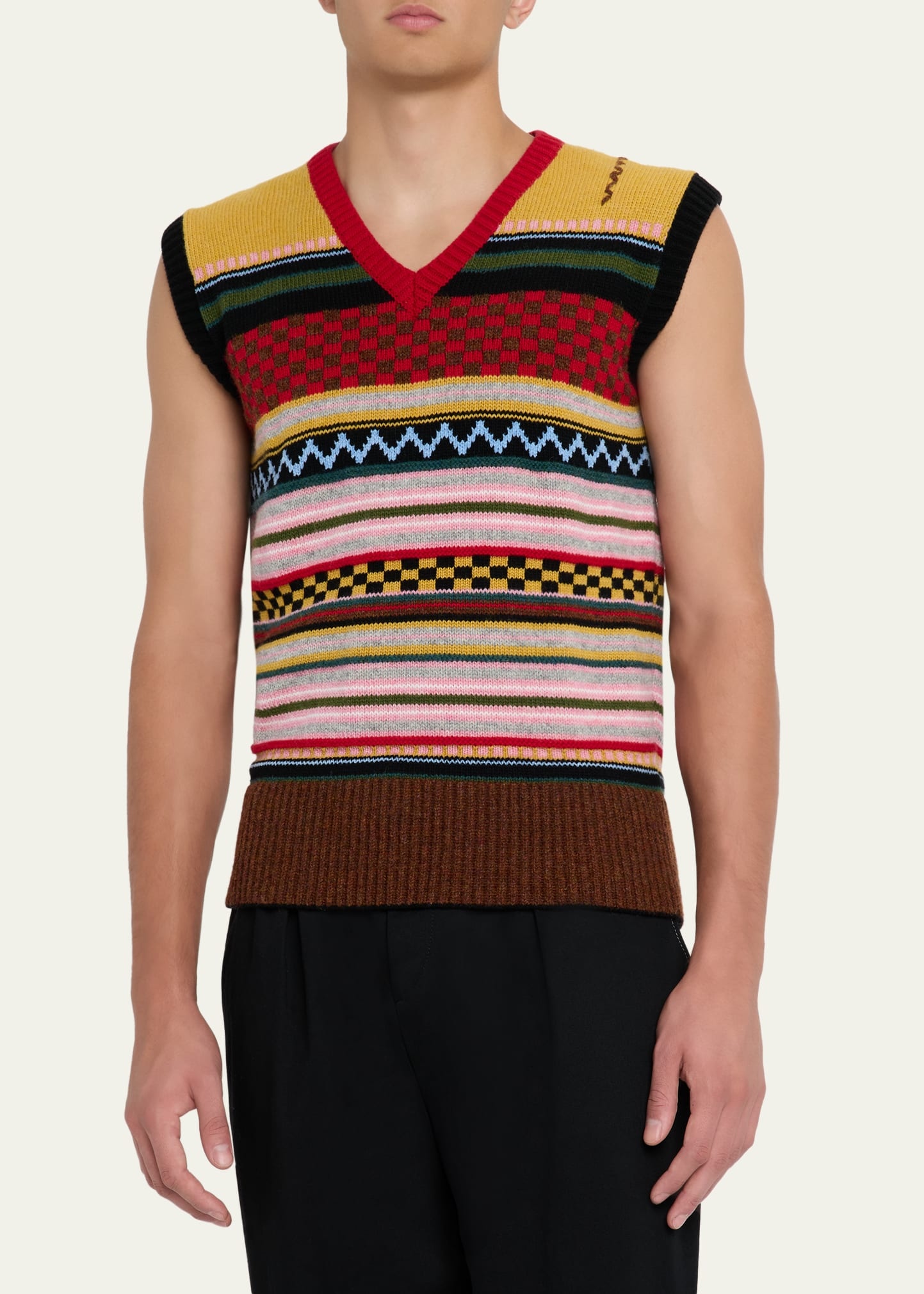 Men's Wool and Cotton Jacquard V-Neck Vest - 4