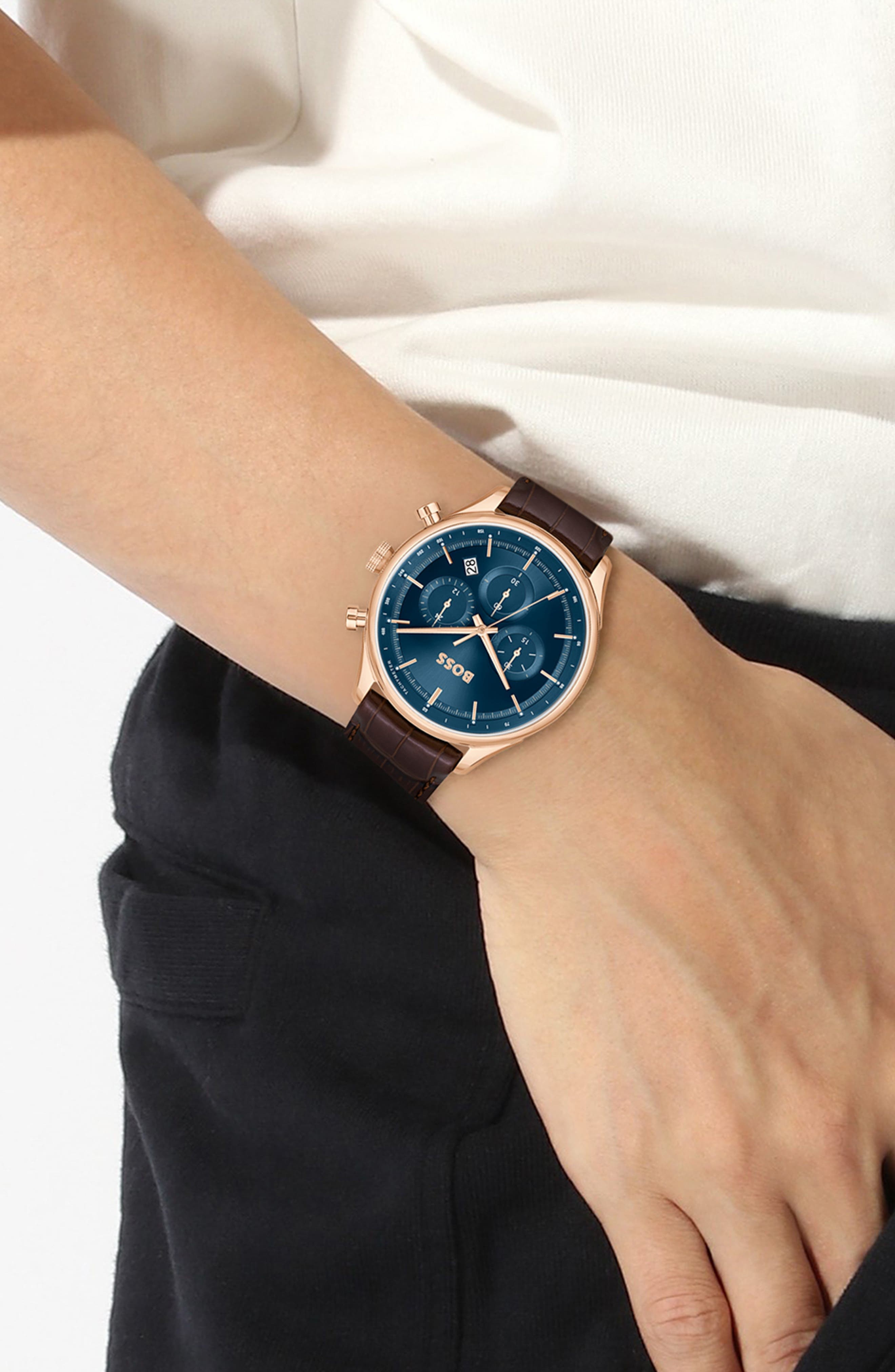 BOSS Gregor Chronograph Leather Strap Watch, 45mm in Blue Sunray at Nordstrom - 2