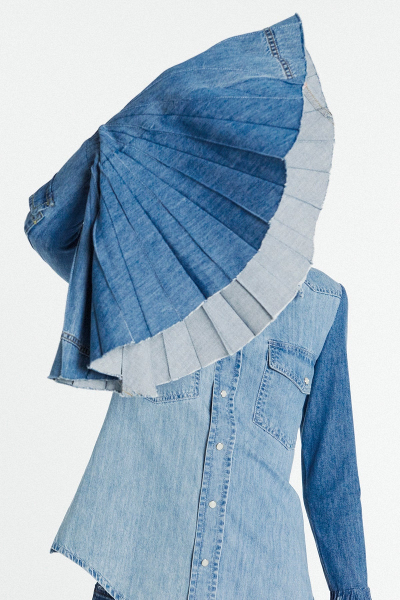 RECYCLED DENIM SHIRT WITH PLEATED BELL SLEEVES BLUE 12