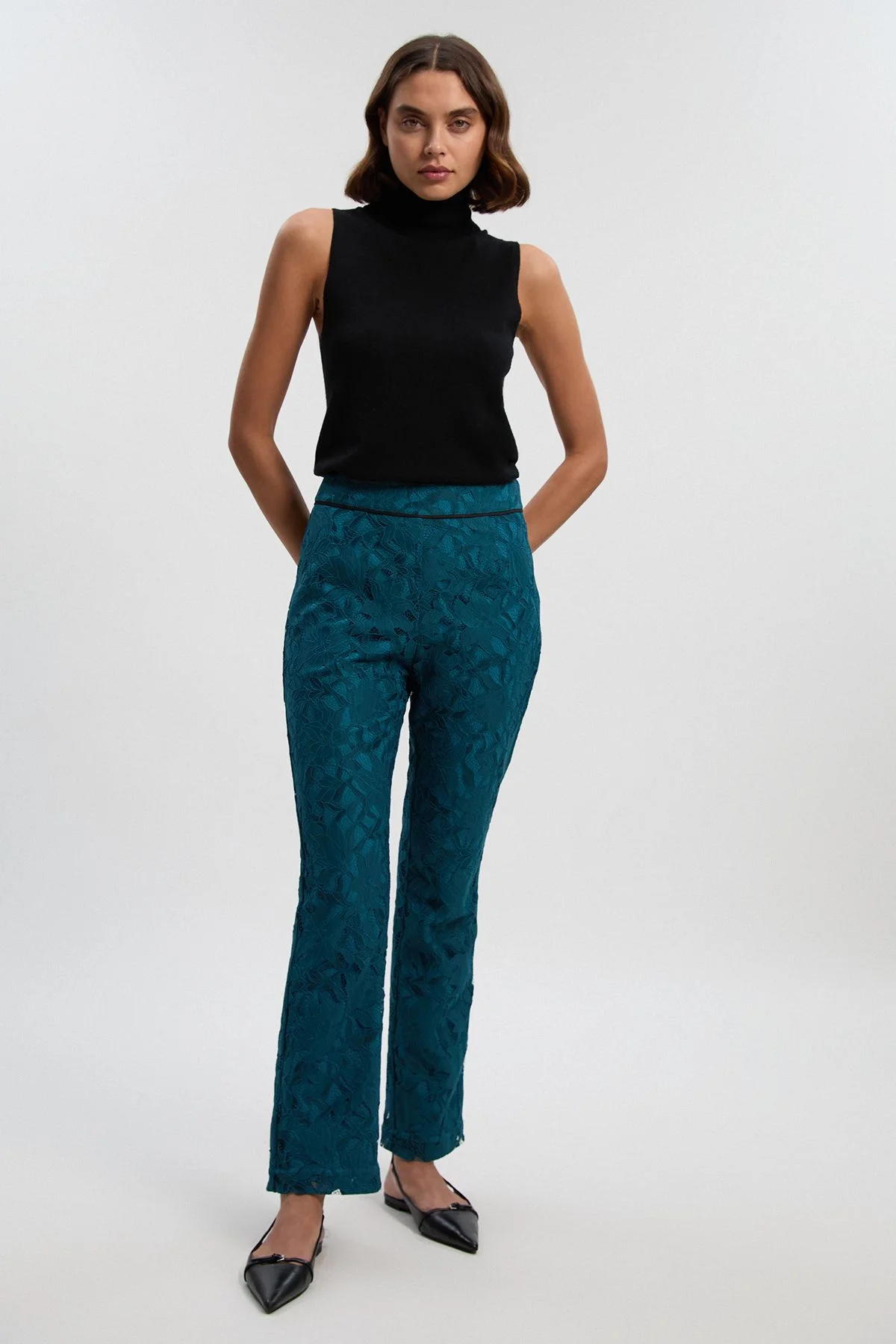 Tipped Corded Lace High Waisted Woven Trouser - 1