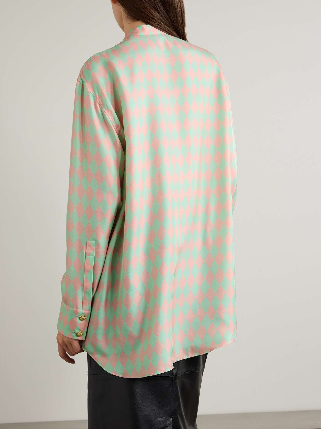 Oversized button-embellished argyle-printed silk-satin shirt - 4