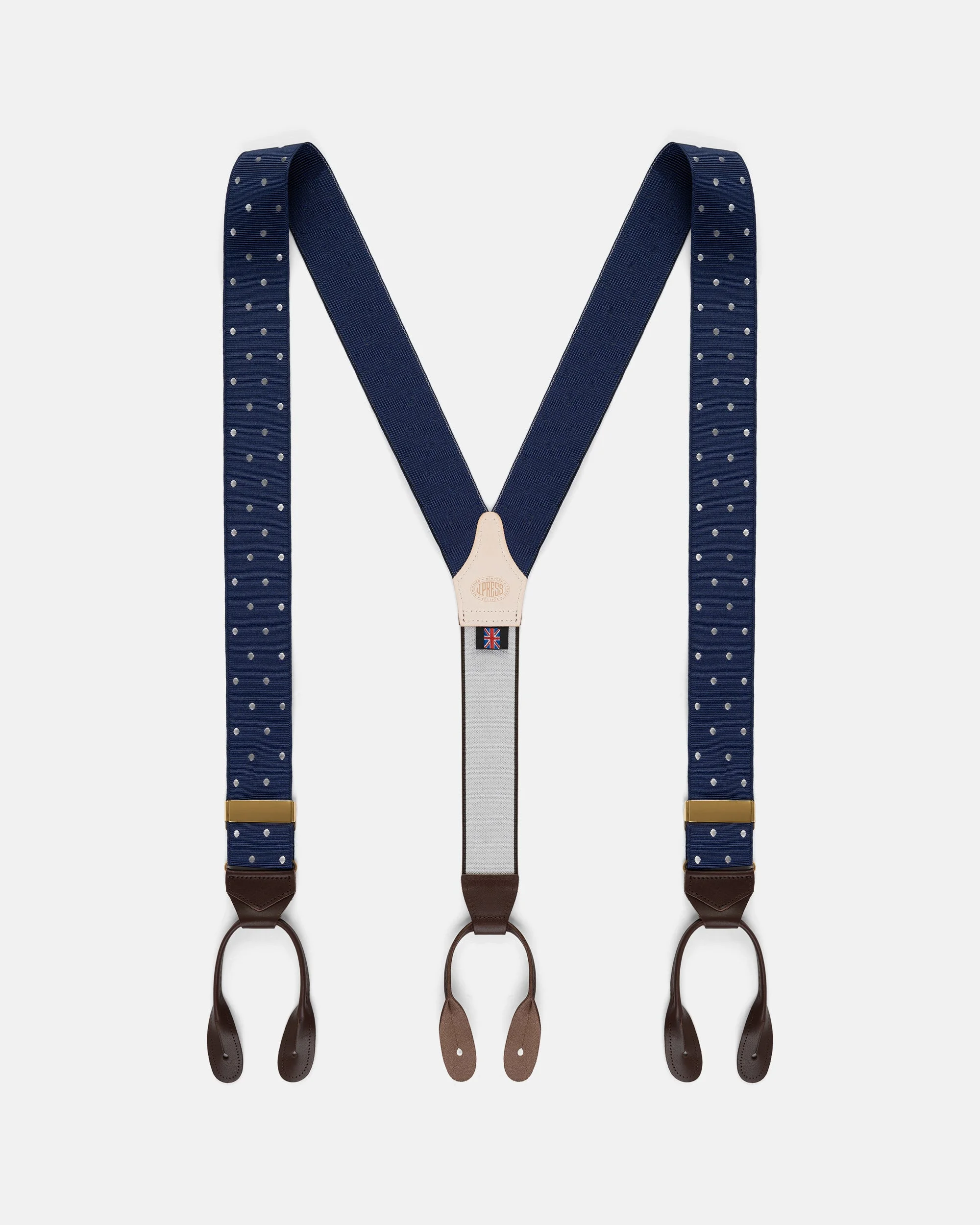 MADE-IN-ENGLAND NAVY POLKA DOT JACQUARD RIBBON BRACES - 1