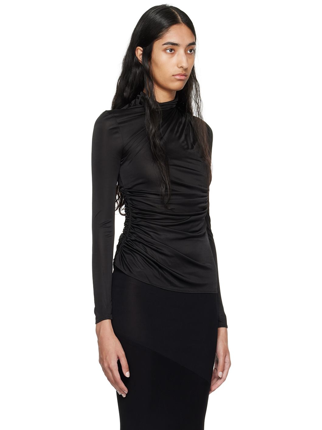 Black Ruched Long Sleeve Turtleneck - 2