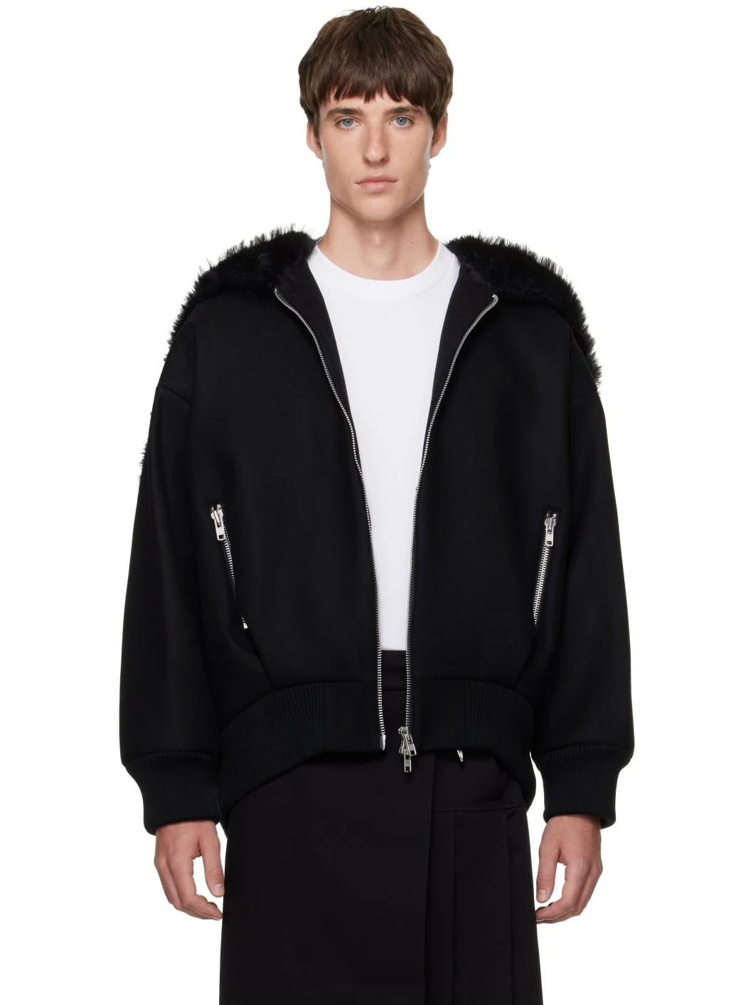 Black Split Faux-Fur Hood Jacket - 1