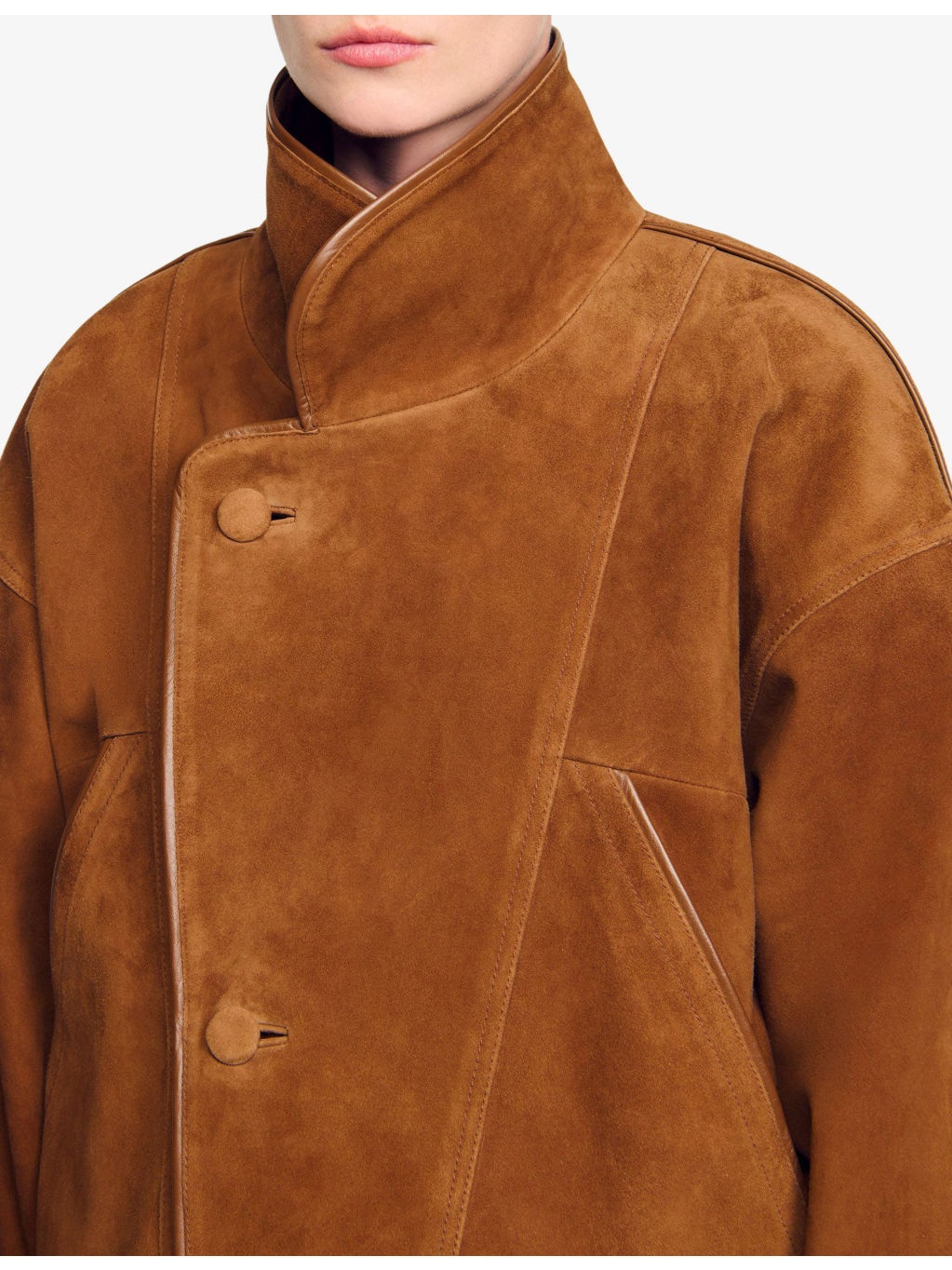 High-Neck Relaxed-Fit Suede Jacket - 5