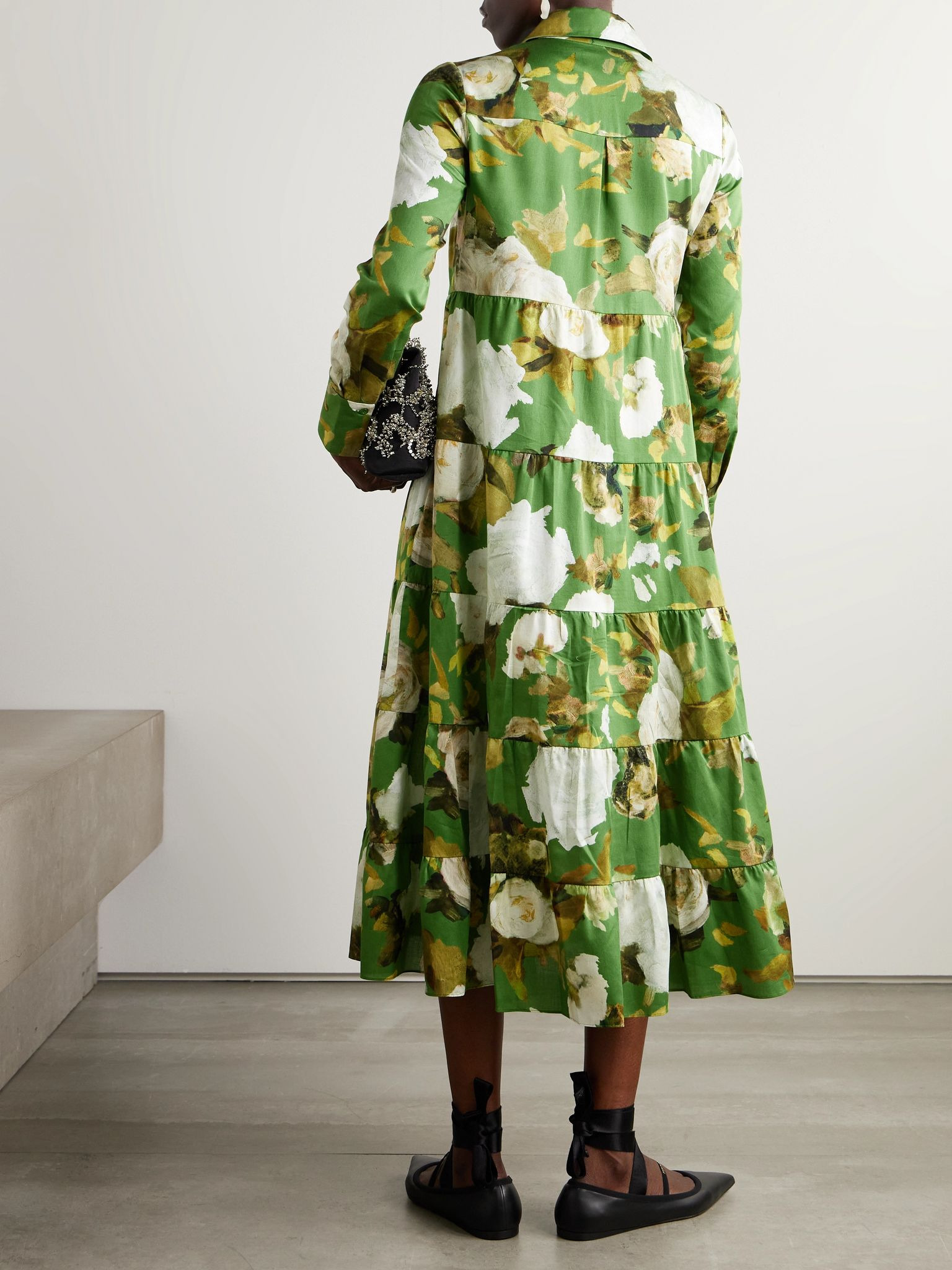 Tiered floral-print cotton-voile midi shirt dress Green - 3