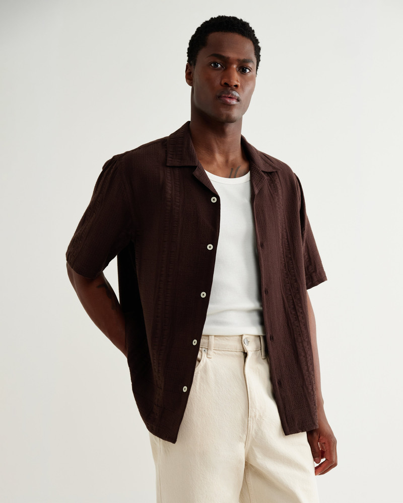 Wax London Didcot - Brown Double-Weave Seersucker Short-Sleeve Shirt outlook