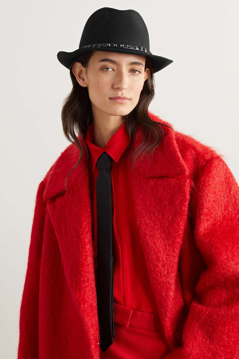 Valentino Rockstud leather-trimmed wool fedora outlook