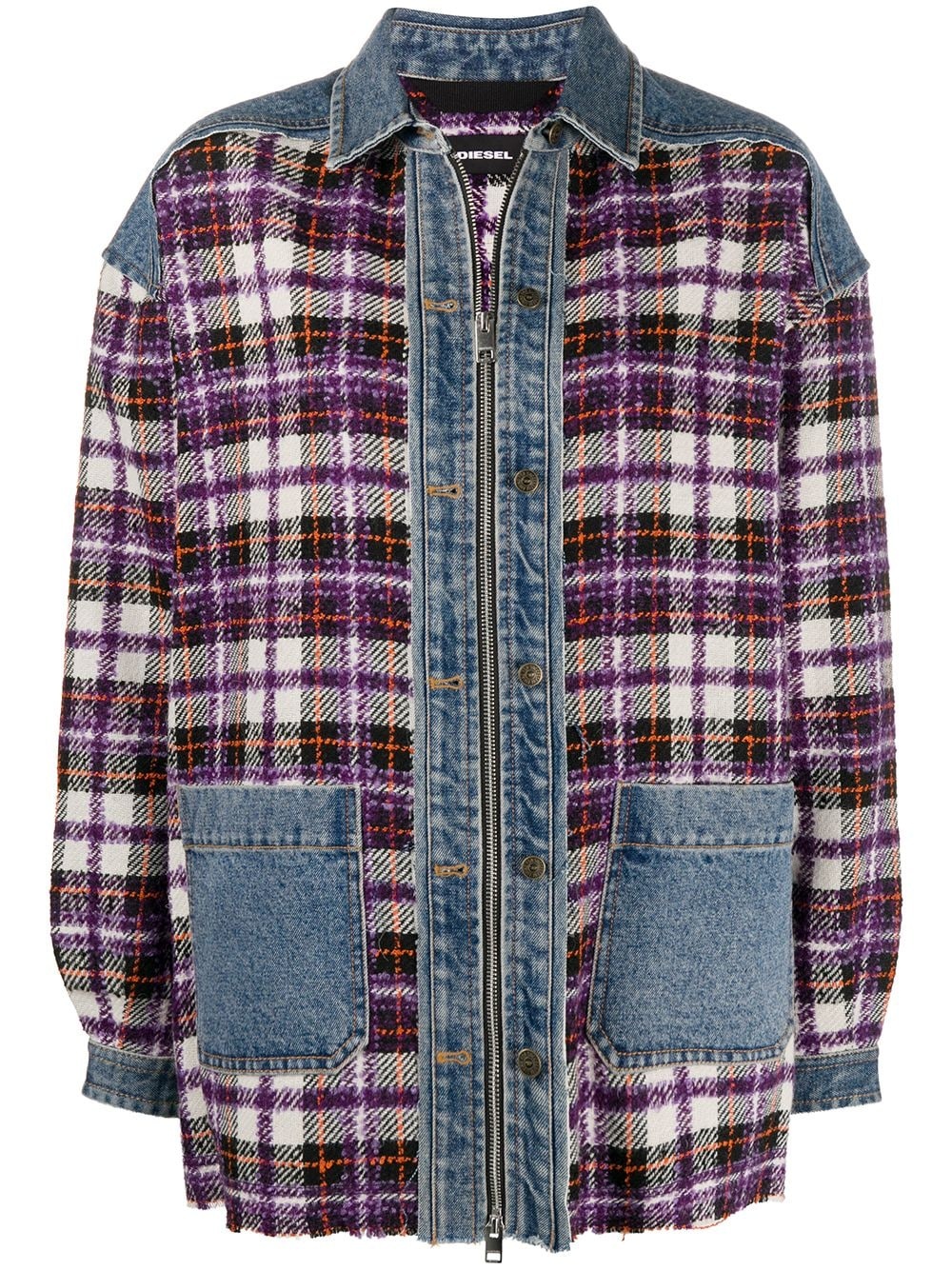 panelled check zip-up coat - 1