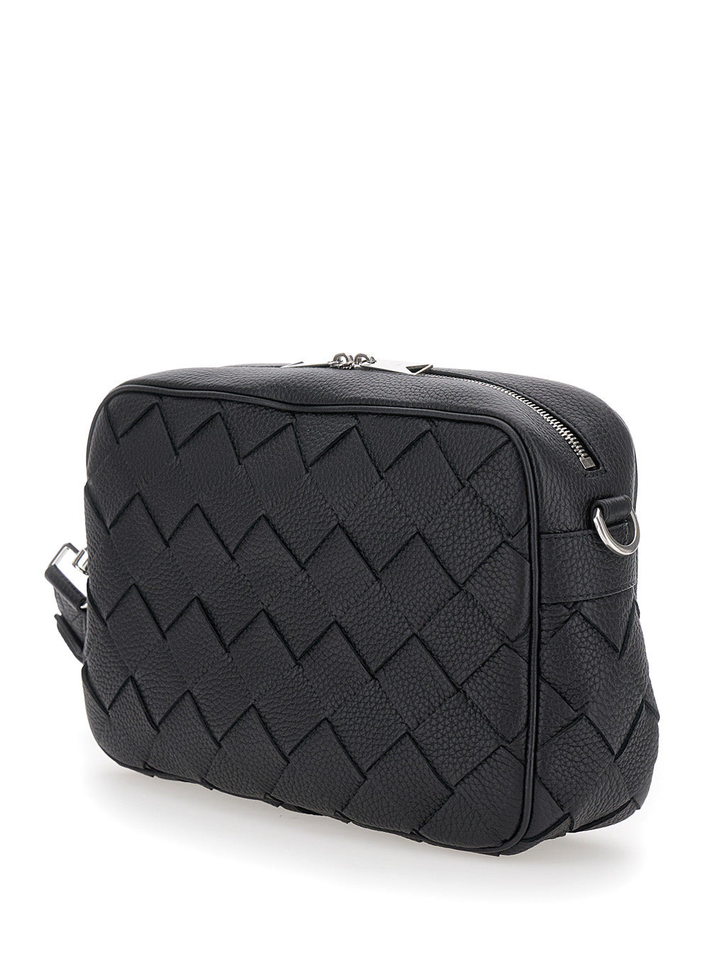 Bottega Veneta Men 'Messenger Medium' Black Crossbody Bag With Intreccio Motif In Hammered Leather M - 2