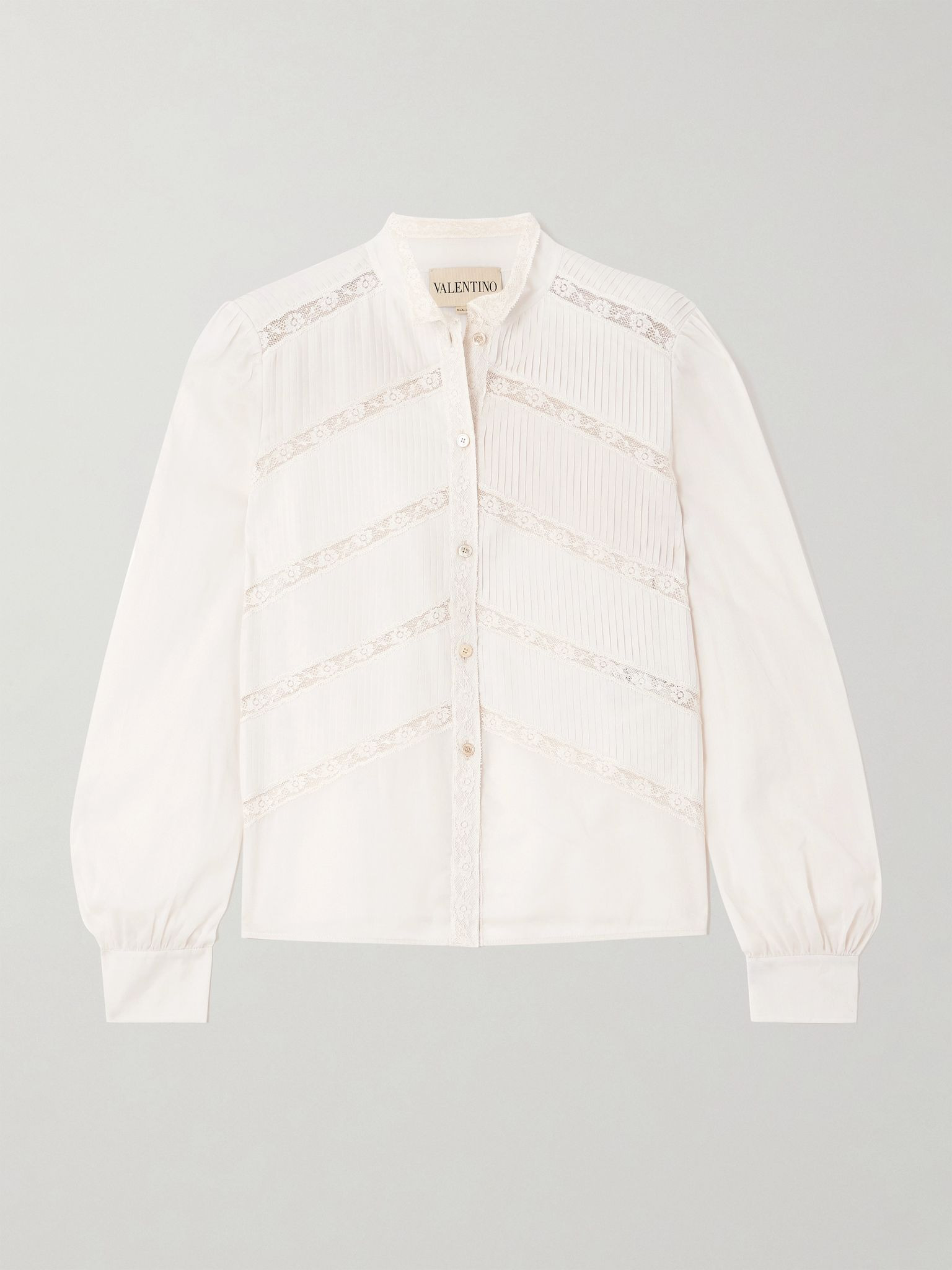 Lace-trimmed pintucked cotton-poplin shirt White - 1