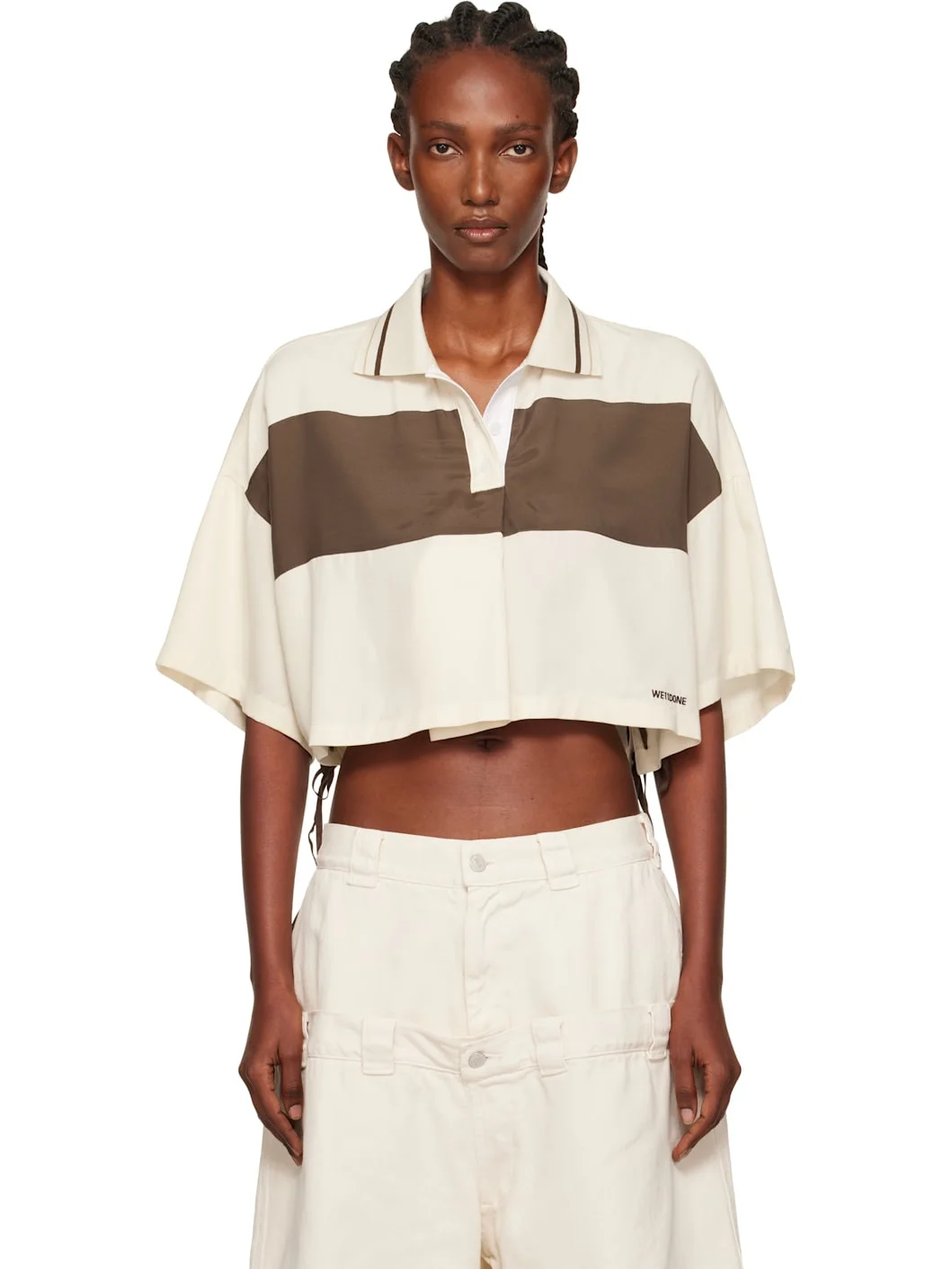 Off-White & Brown Cropped Side Ribbon Polo - 1