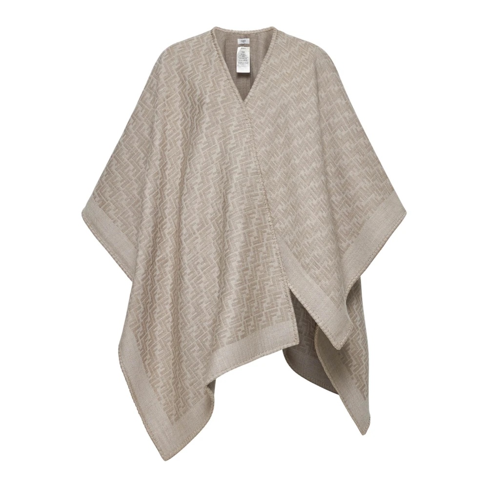 FENDI BEIGE JACQUARD WOOL ASYMMETRICAL PONCHO | miinto