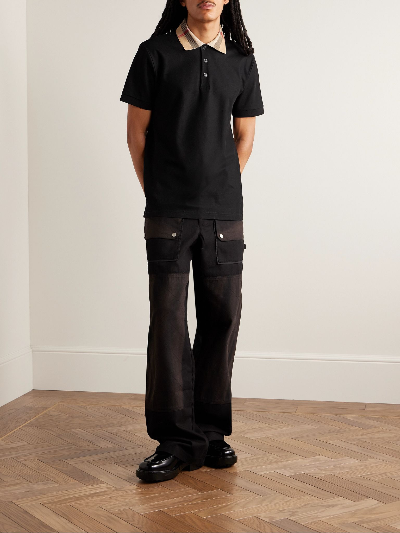 Check-Trimmed Cotton-Piqué Polo Shirt Black - 2