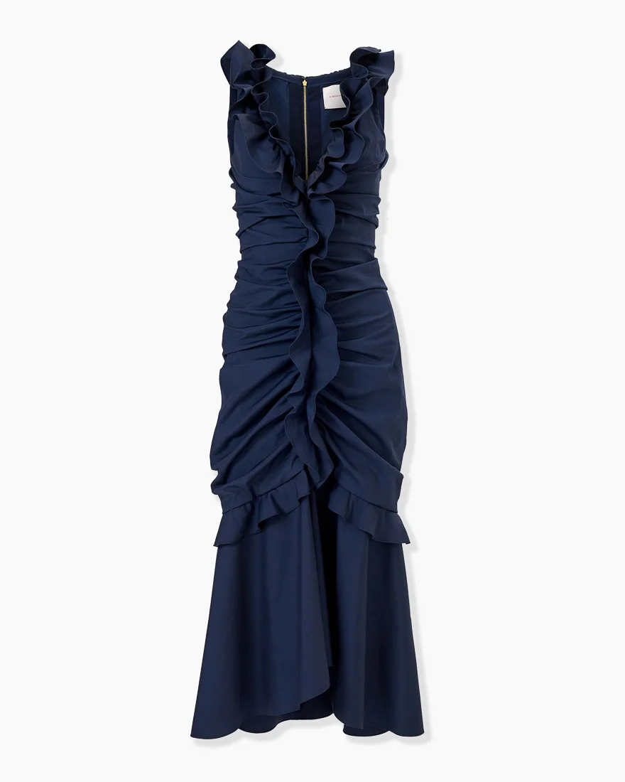 Ruched Midi Dress with Ruffles - 1