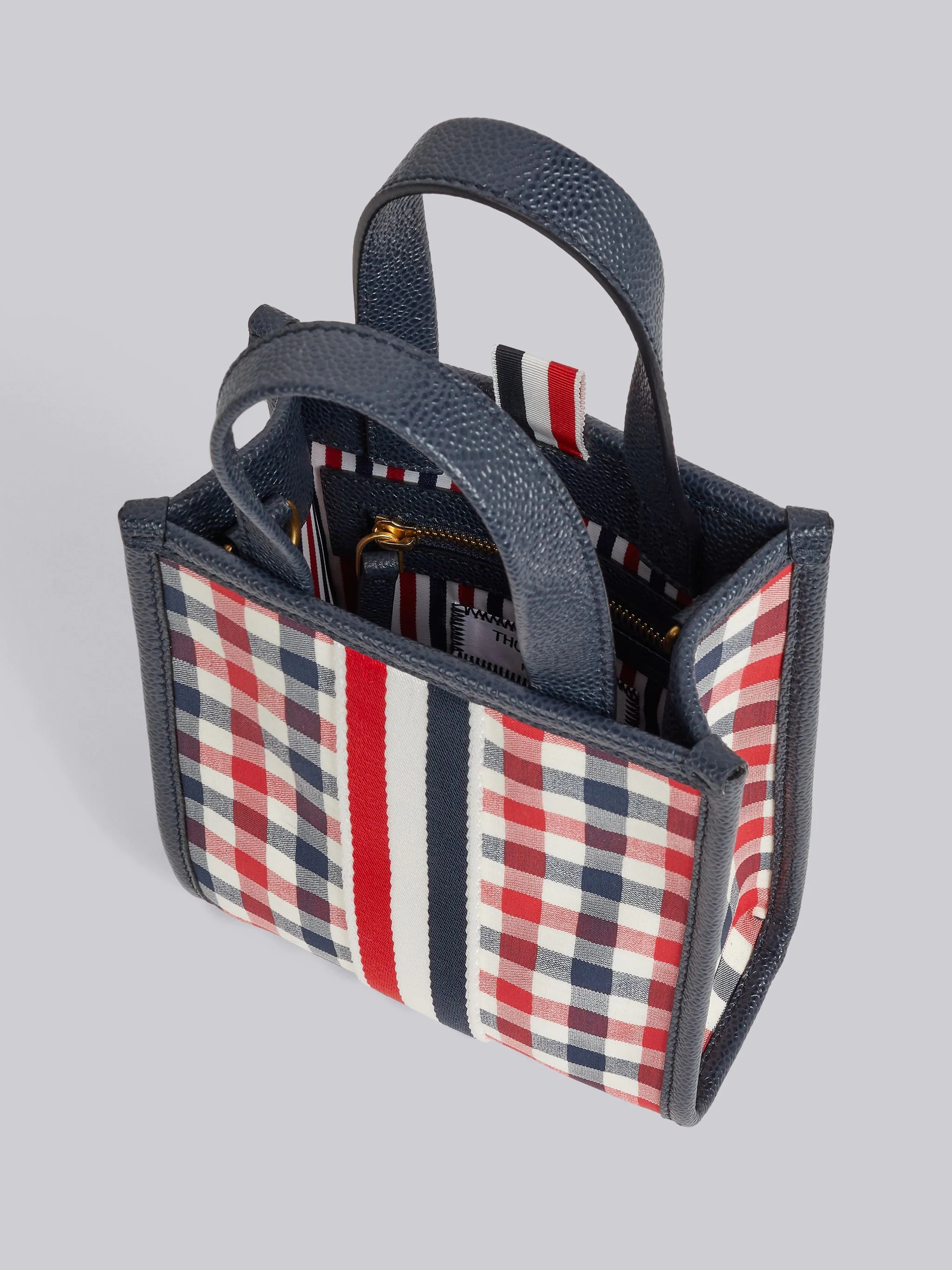 Multicolor Gingham Wool Seersucker Webbing Stripe Shoulder Strap Mini Tote - 5