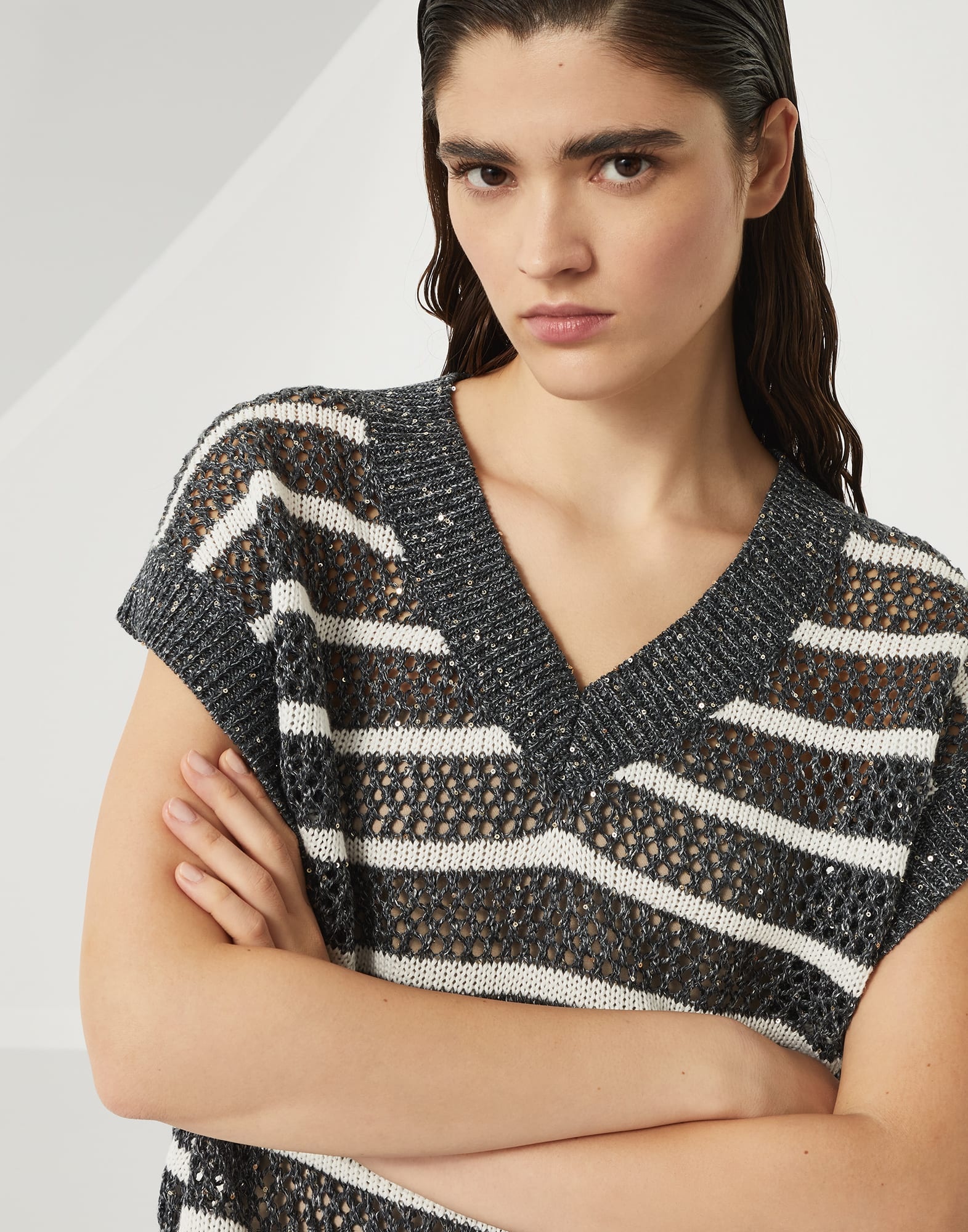 Dazzling striped net knit t-shirt in linen - 3