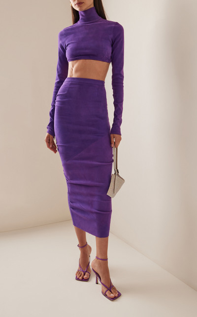 LaQuan Smith Ruched Stretch Suede Pencil Skirt purple outlook