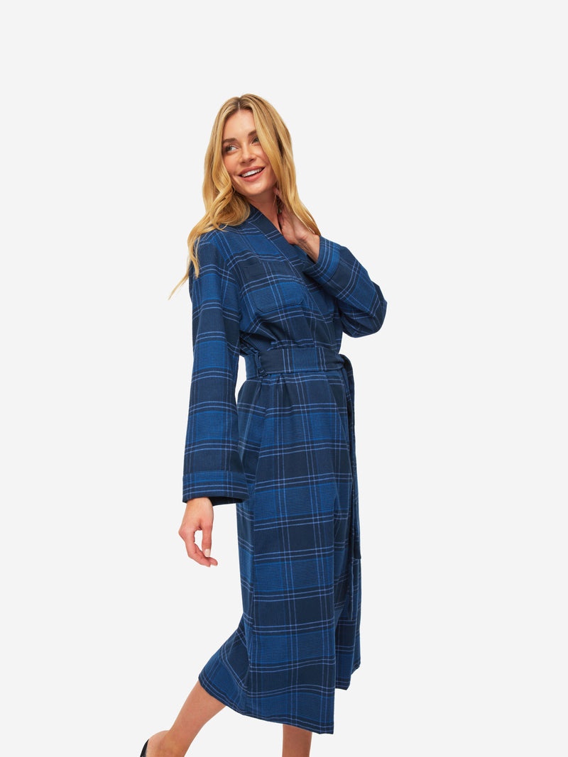 Women's Long Dressing Gown Kelburn 27 Brushed Cotton Navy - 6
