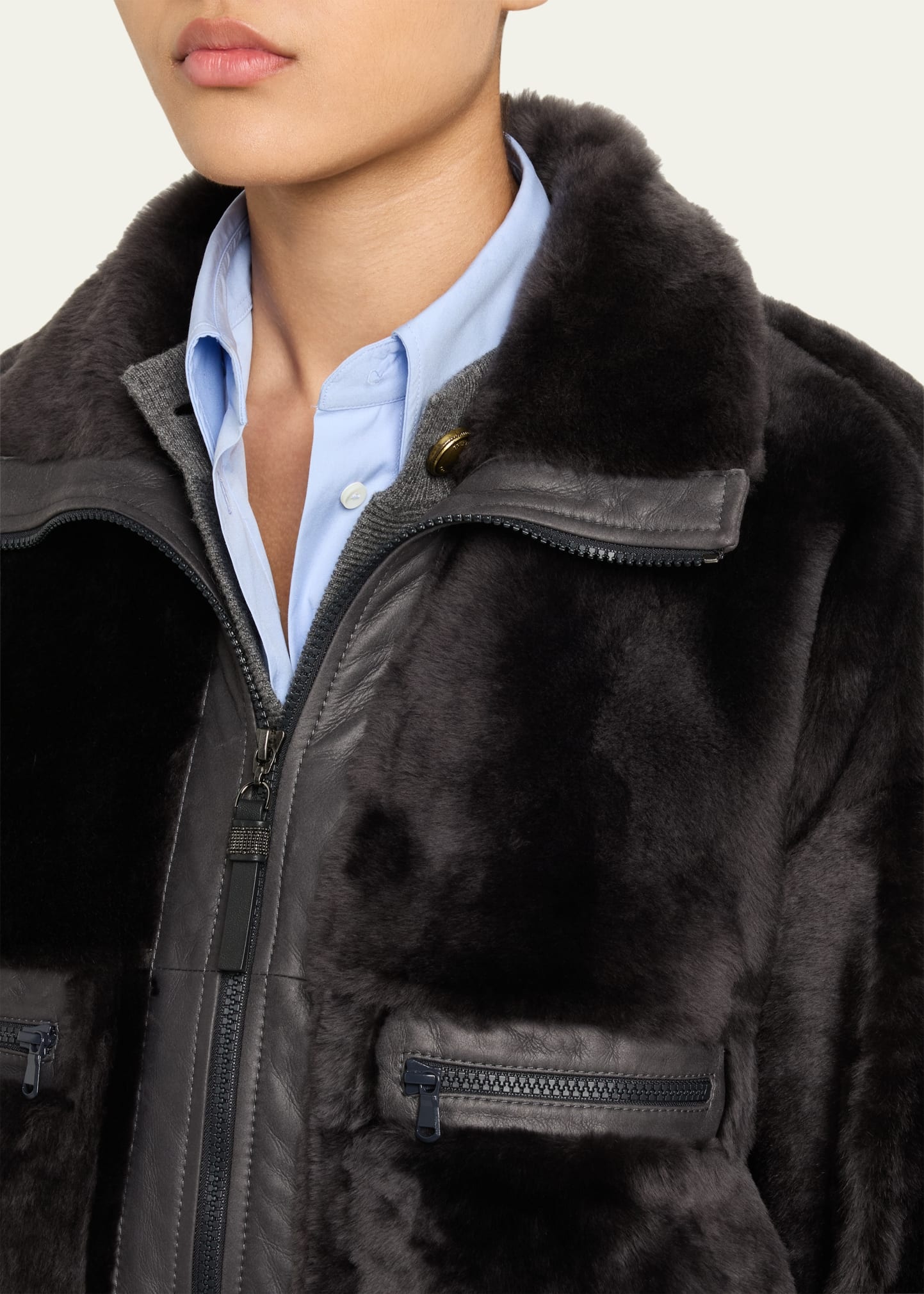 Shearling Velour Leather Zip Pocket Jacket - 5