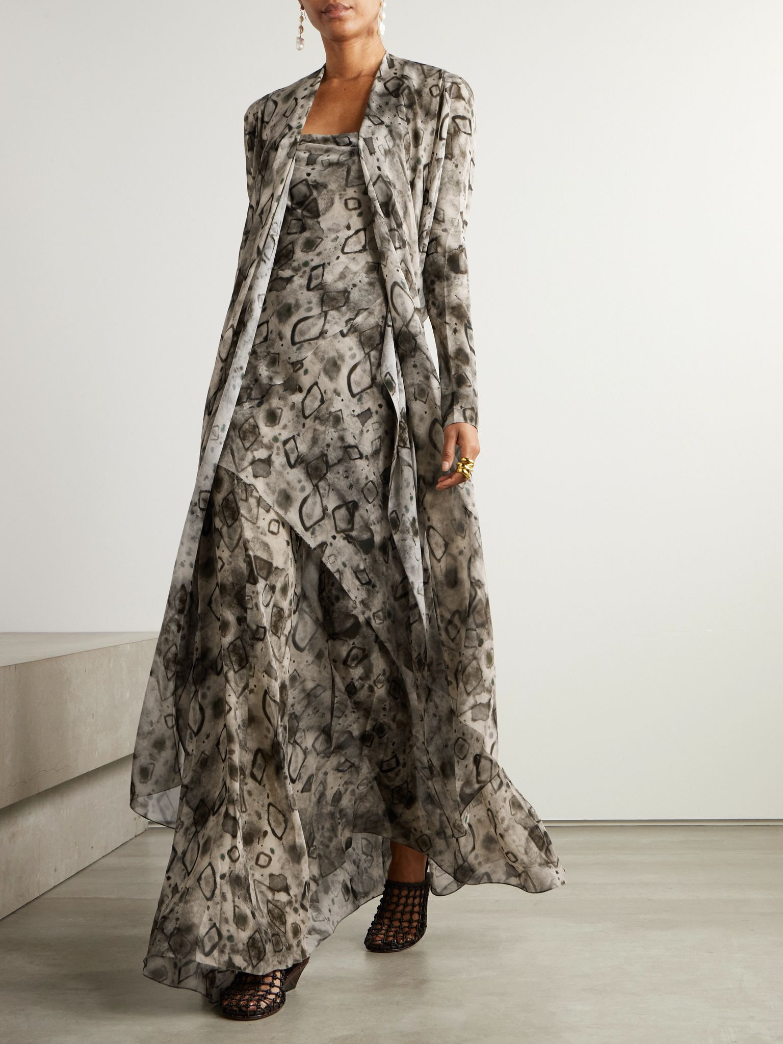 Meena printed silk-georgette wrap jacket Brown - 5