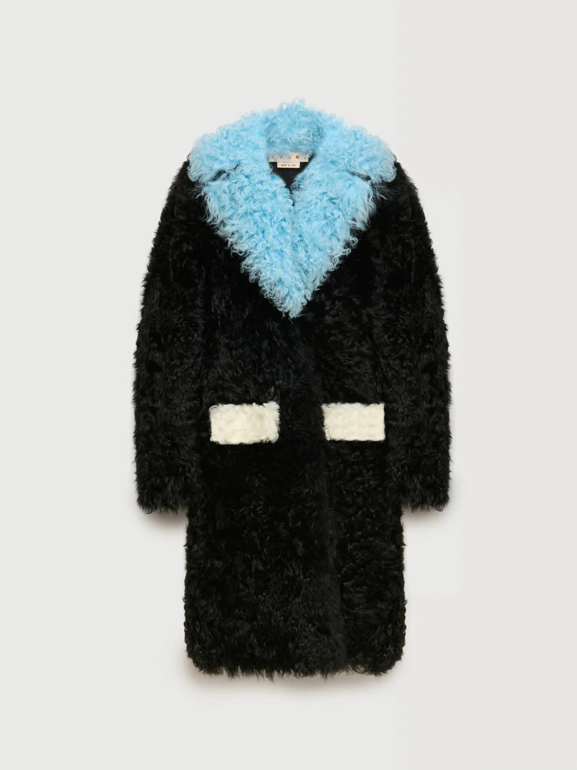 BLACK SHEARLING COAT WITH COLOUR-BLOCK DETAILS - 1