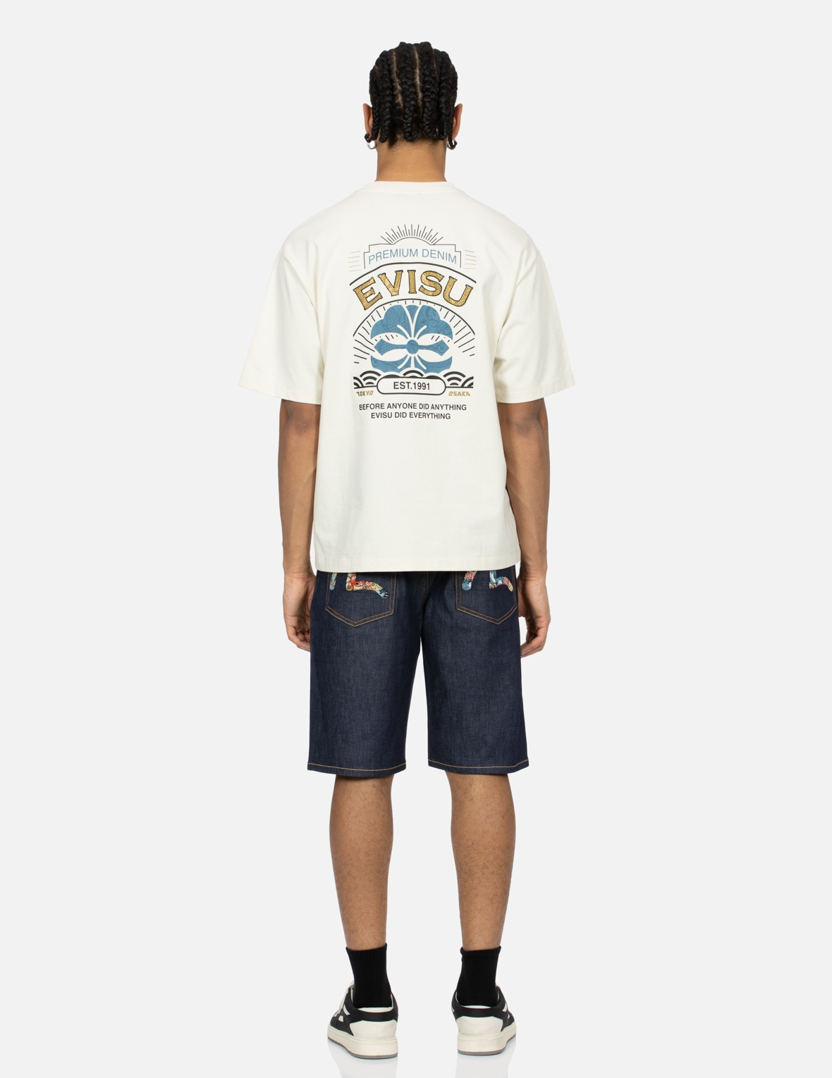 THE GREAT WAVE AND KOI SEAGULL EMBROIDERY RELAX FIT DENIM SHORTS - 5