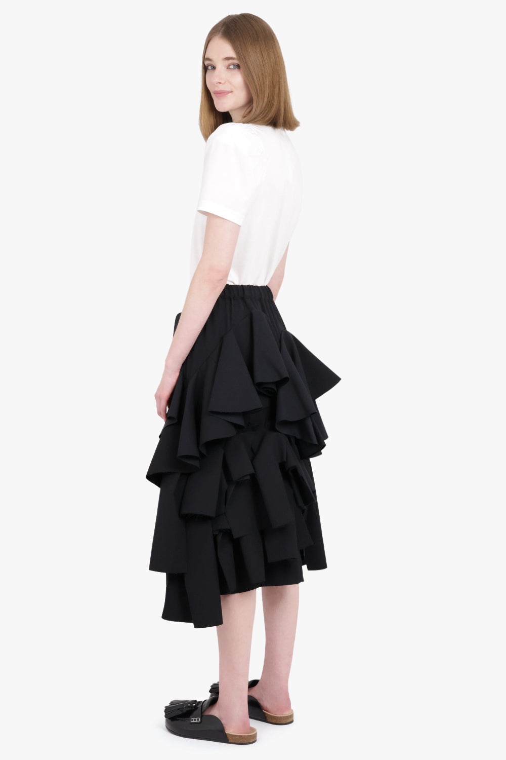 ASYMMETRIC CONTRAST RUFFLE MIDI SKIRT | BLACK - 4