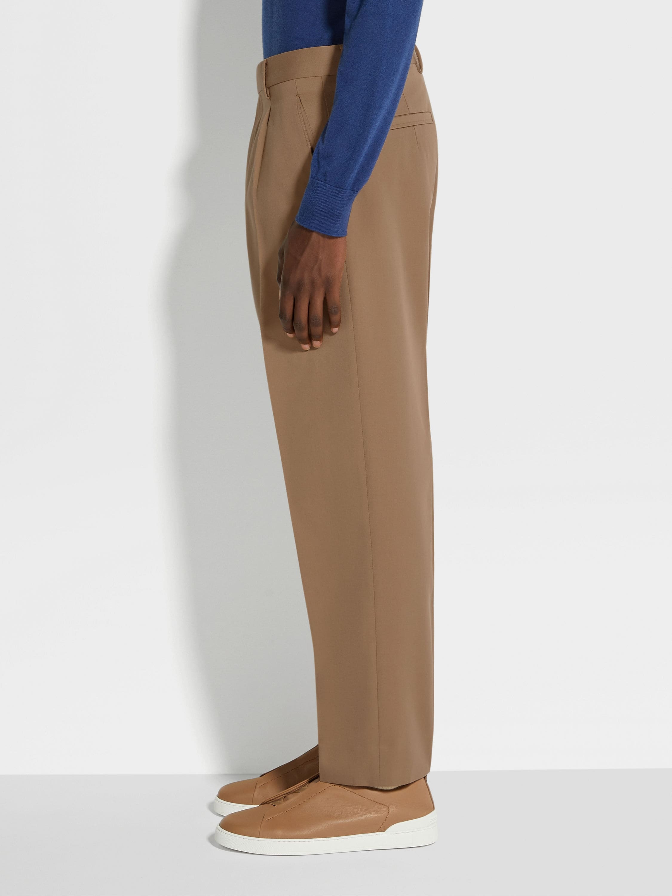 DARK BEIGE COTTON AND WOOL PANTS - 4