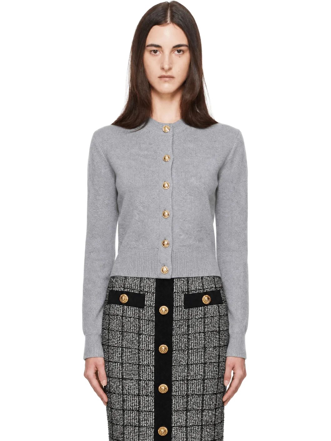 Gray Buttoned Round Collar Cashmere Cardigan - 1