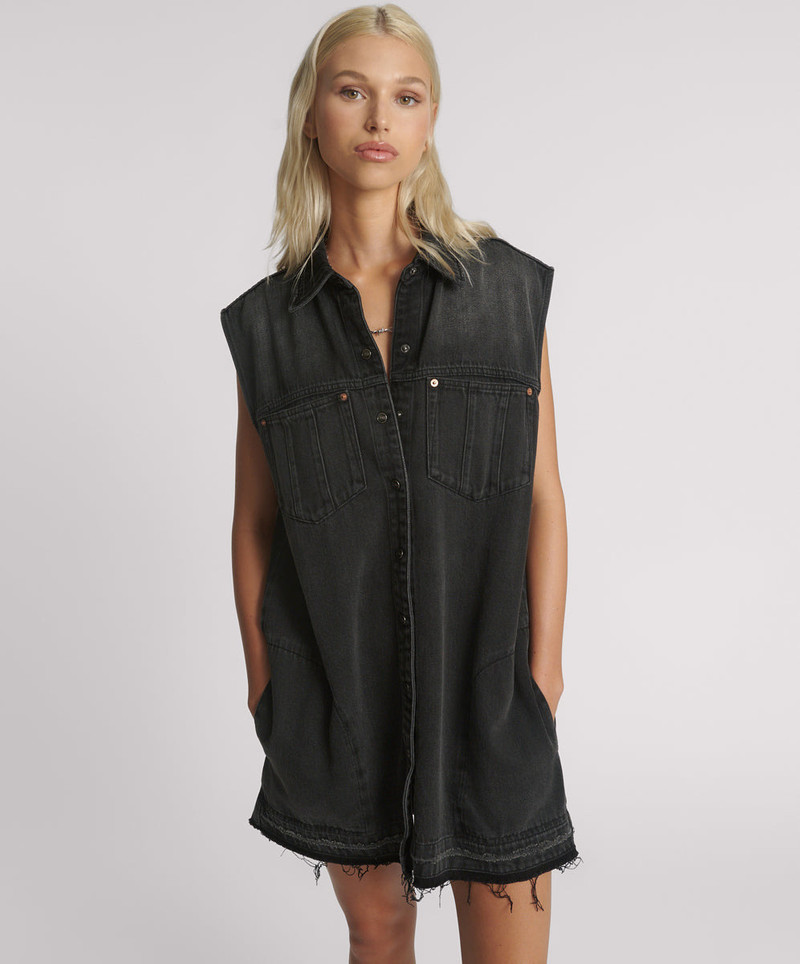 Sleeveless Mini Denim Shirt Dress - Faded Black 2