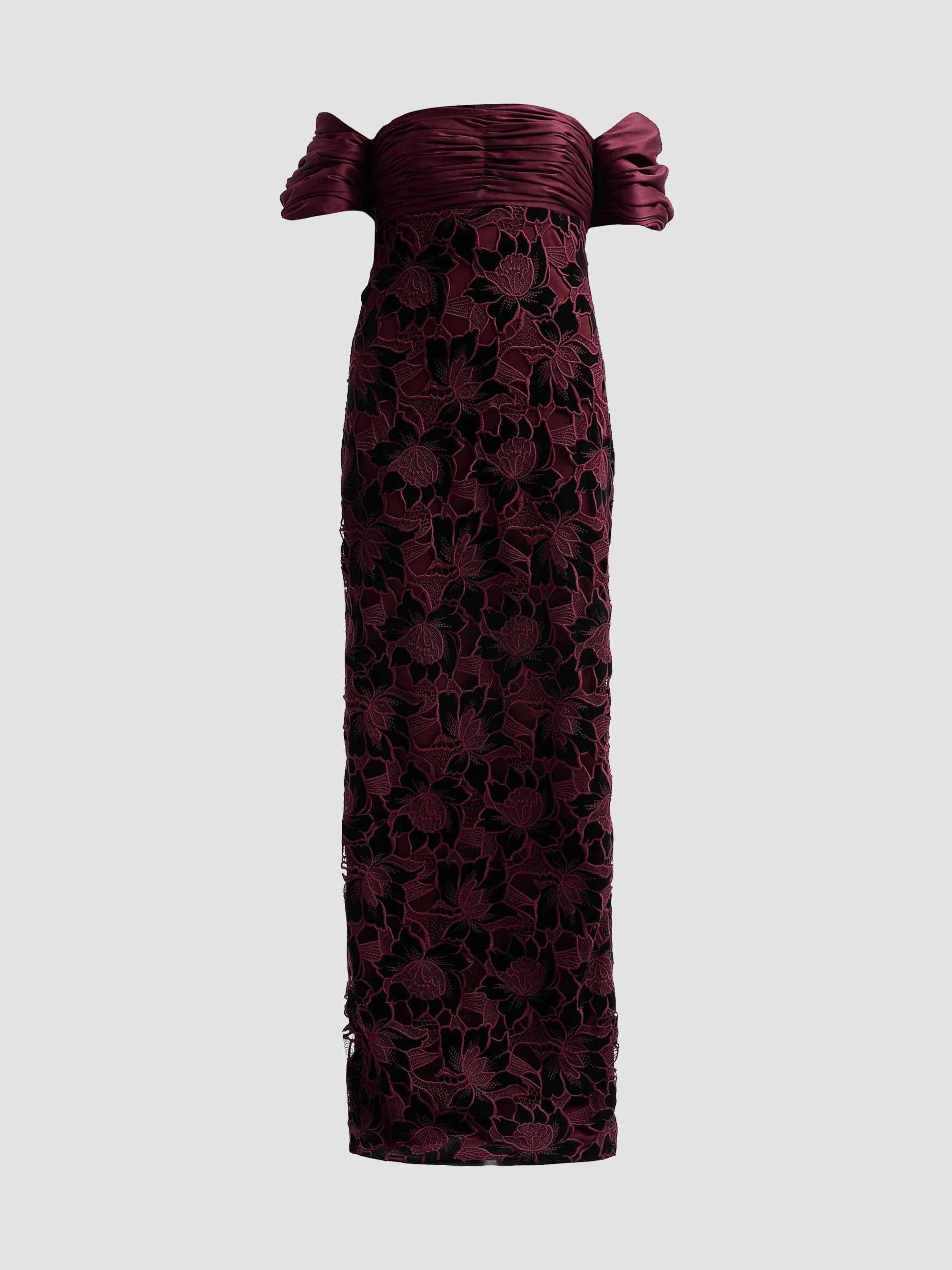 Women's Floral Guipure Off-the-Shoulder Gown - Wine - 1