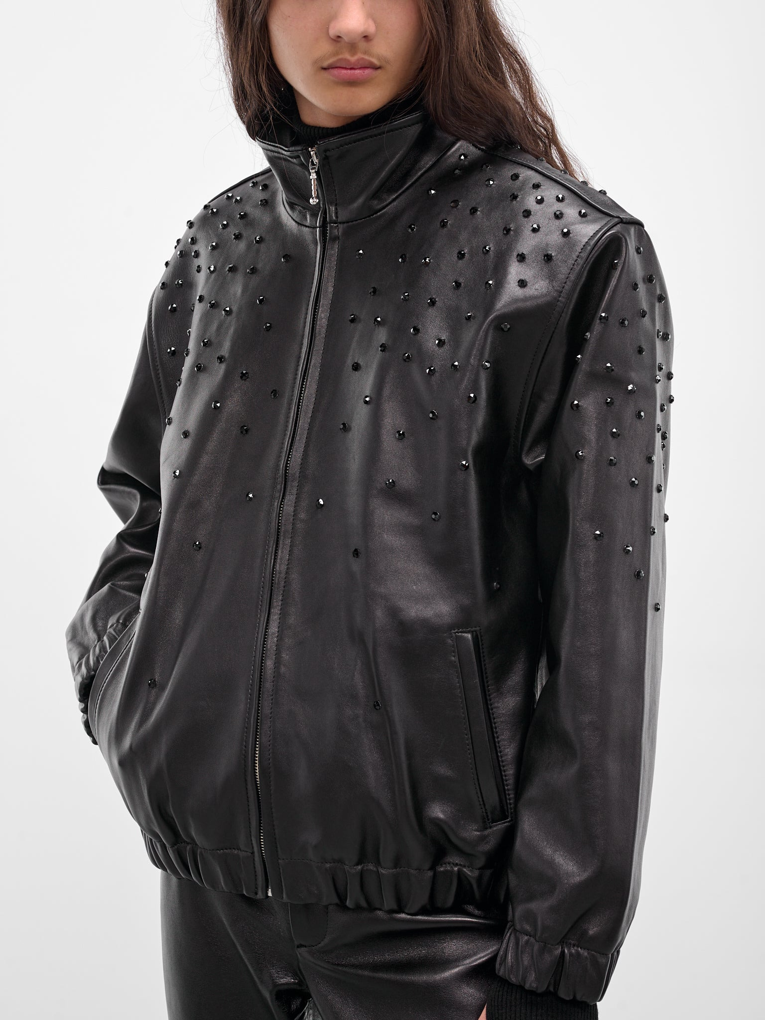 Black Swarovski Lamb Leather Jacket - 5