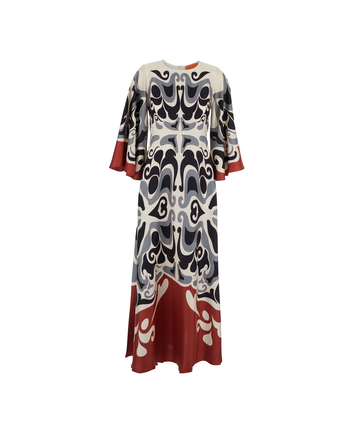 Multicolor Long Dress With Round Neck And All Over Motif In Silk Woman - 1