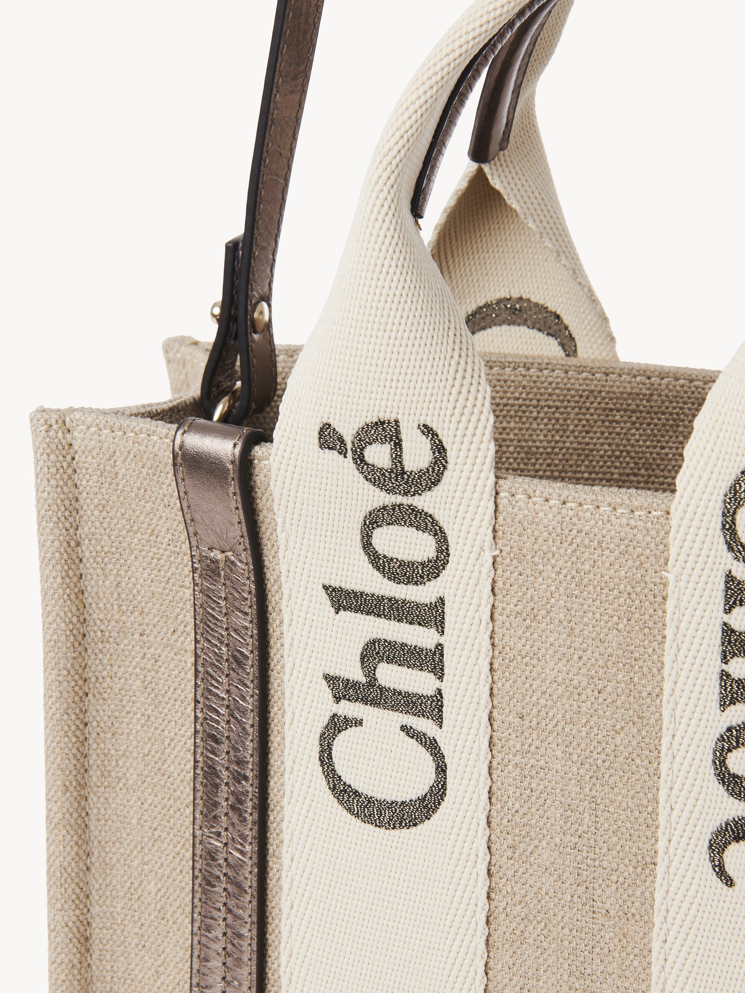 SMALL WOODY TOTE BAG IN LINEN & LEATHER - 6