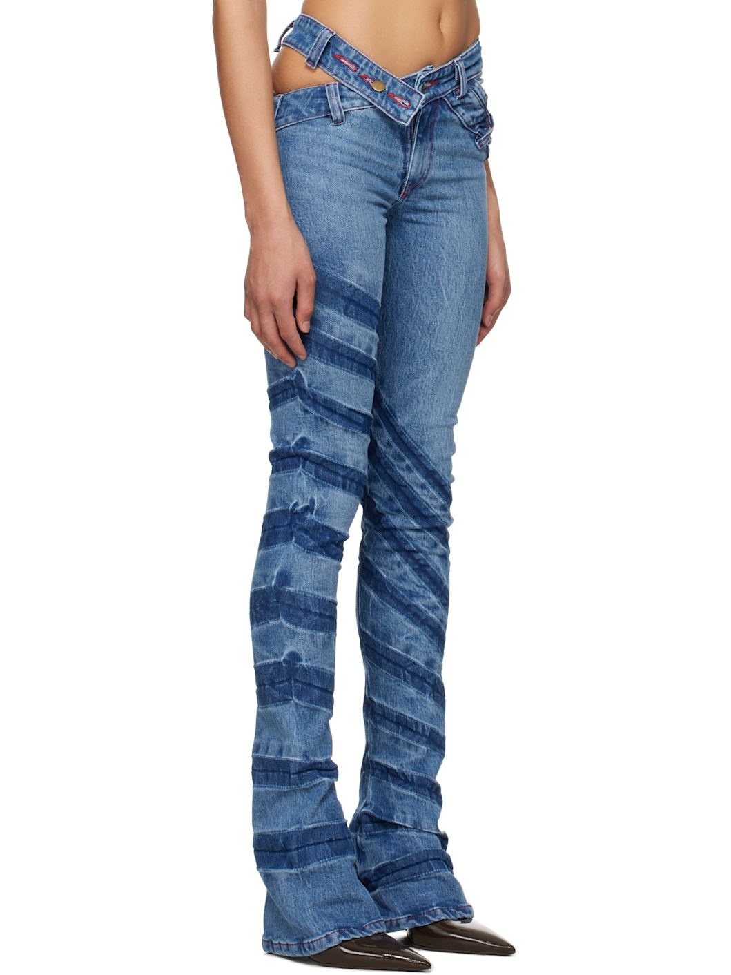 Blue Stripe Bias Cut Bell Bottom Jeans - 2