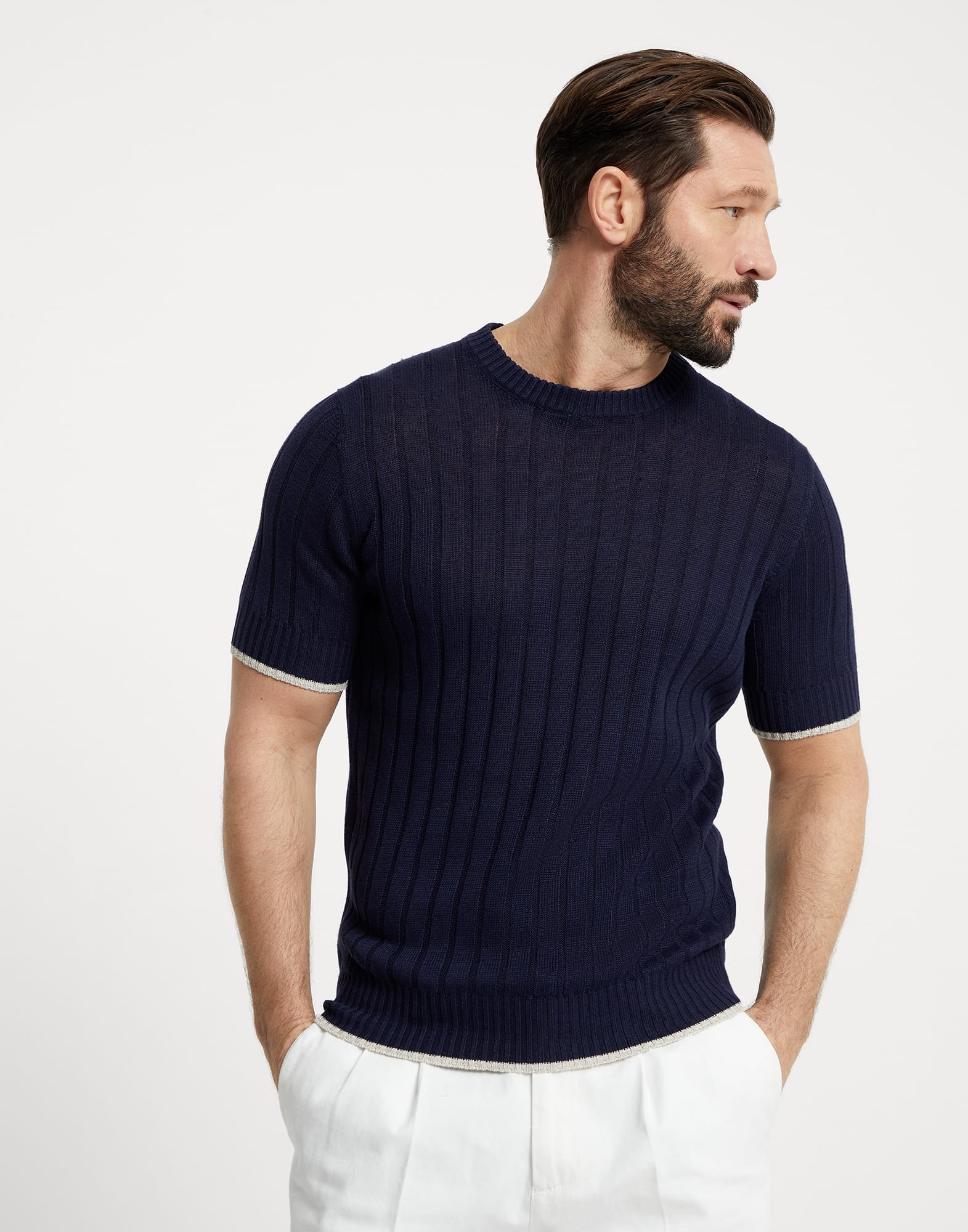 Linen and cotton flat rib knit T-shirt - 1