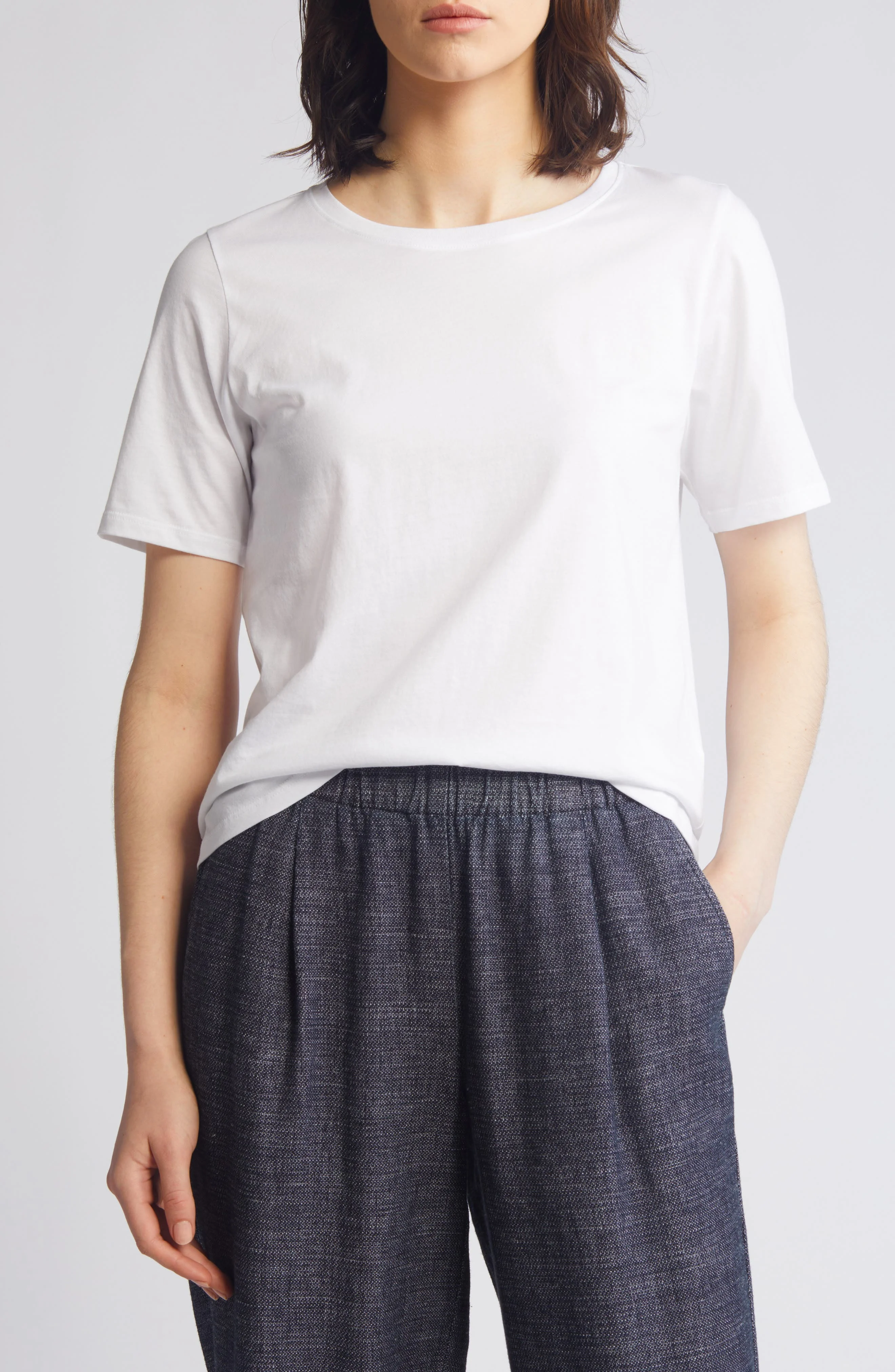 Eileen Fisher Crewneck Organic Cotton Jersey Top in White at Nordstrom - 1