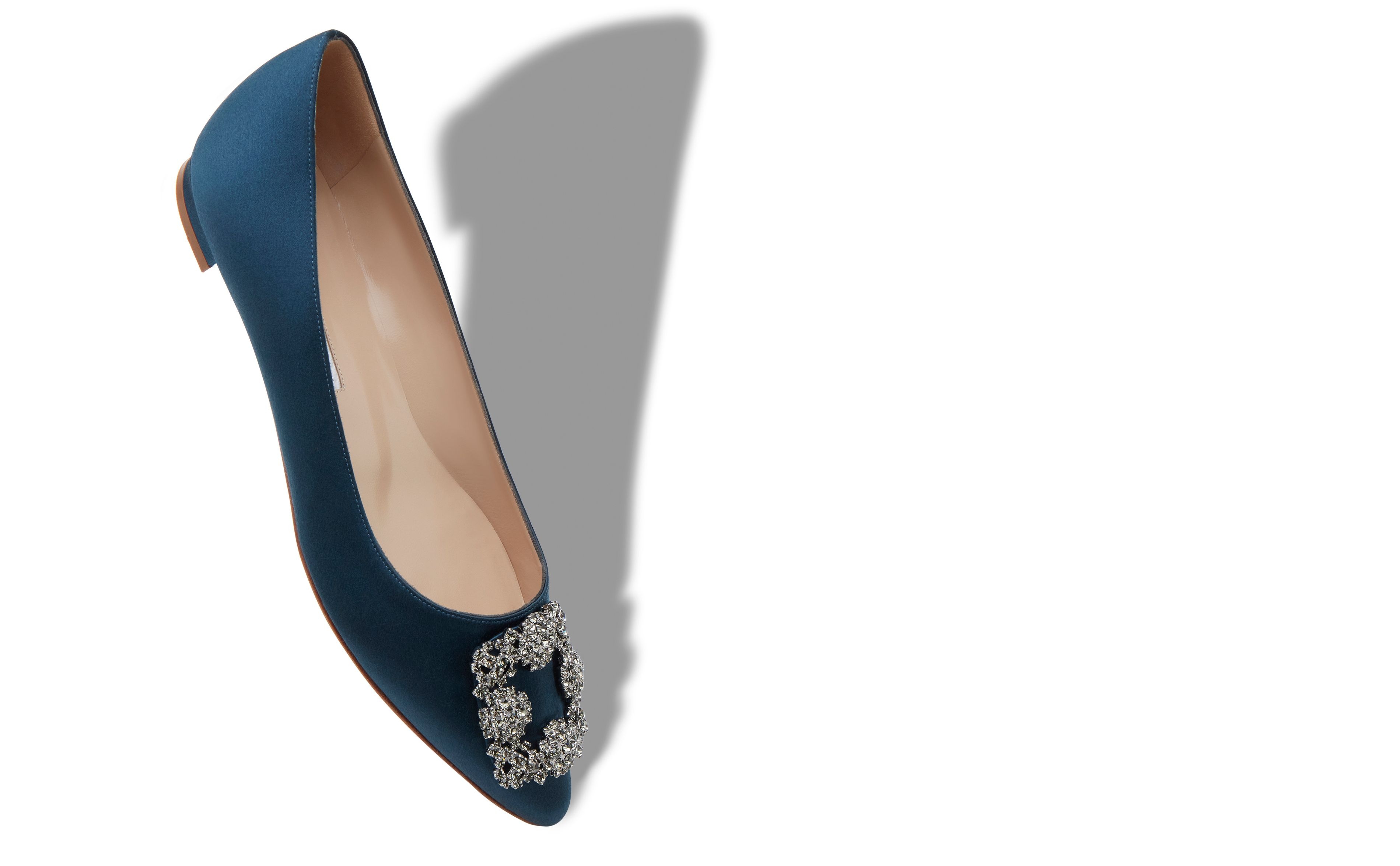 Deep Teal Satin Jewel Buckle Flat Shoes - 2