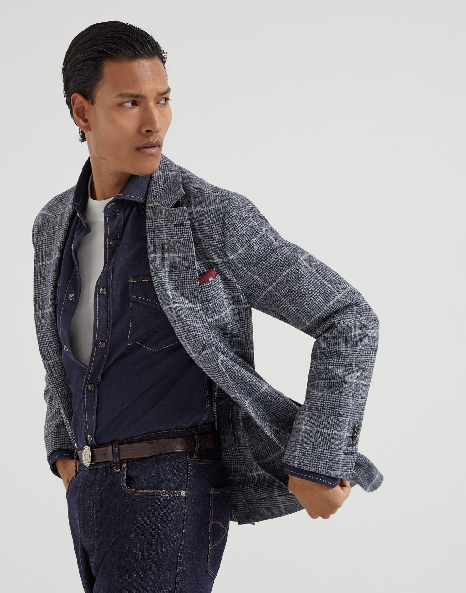 Alpaca and wool overcheck Prince of Wales deconstructed Cavallo blazer with metal buttons - 4